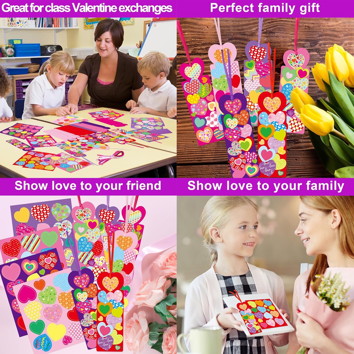 Fancy Land Valentine's Day Craft for Kids Valentines Bookmark Craft Kits DIY Bookmarks with Assorted Heart Stickers for School Classroom Activities Party Gift Exchange Favors 36 Sets