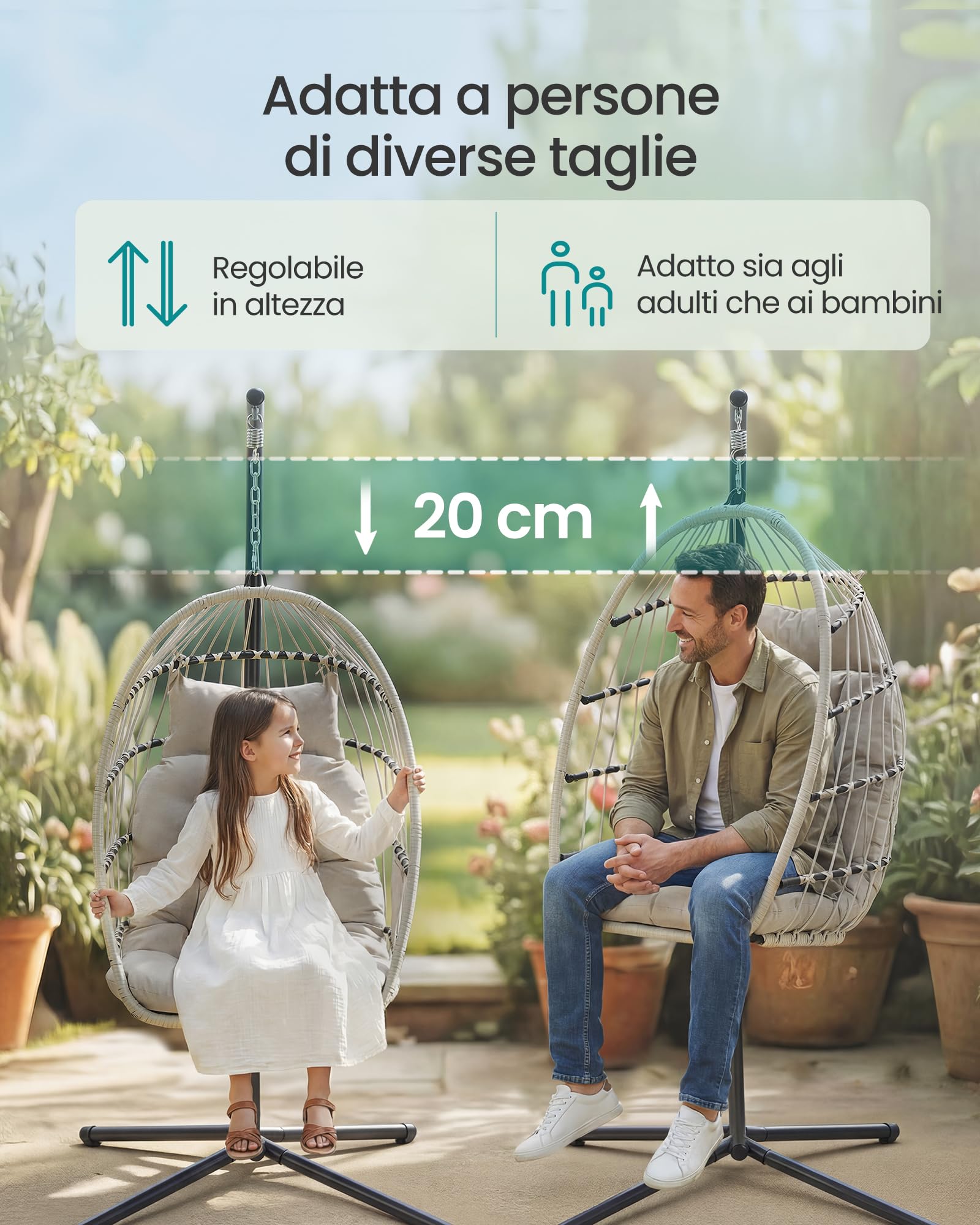 SONGMICS Sedia Sospesa da Esterno, Cestello Pieghevole, Poltrona a Uovo, Altezza Regolabile, Tasca Portaoggetti, Seduta Imbottita, per Soggiorno, Giardino e Balcone, Bianco GDC050WZ01