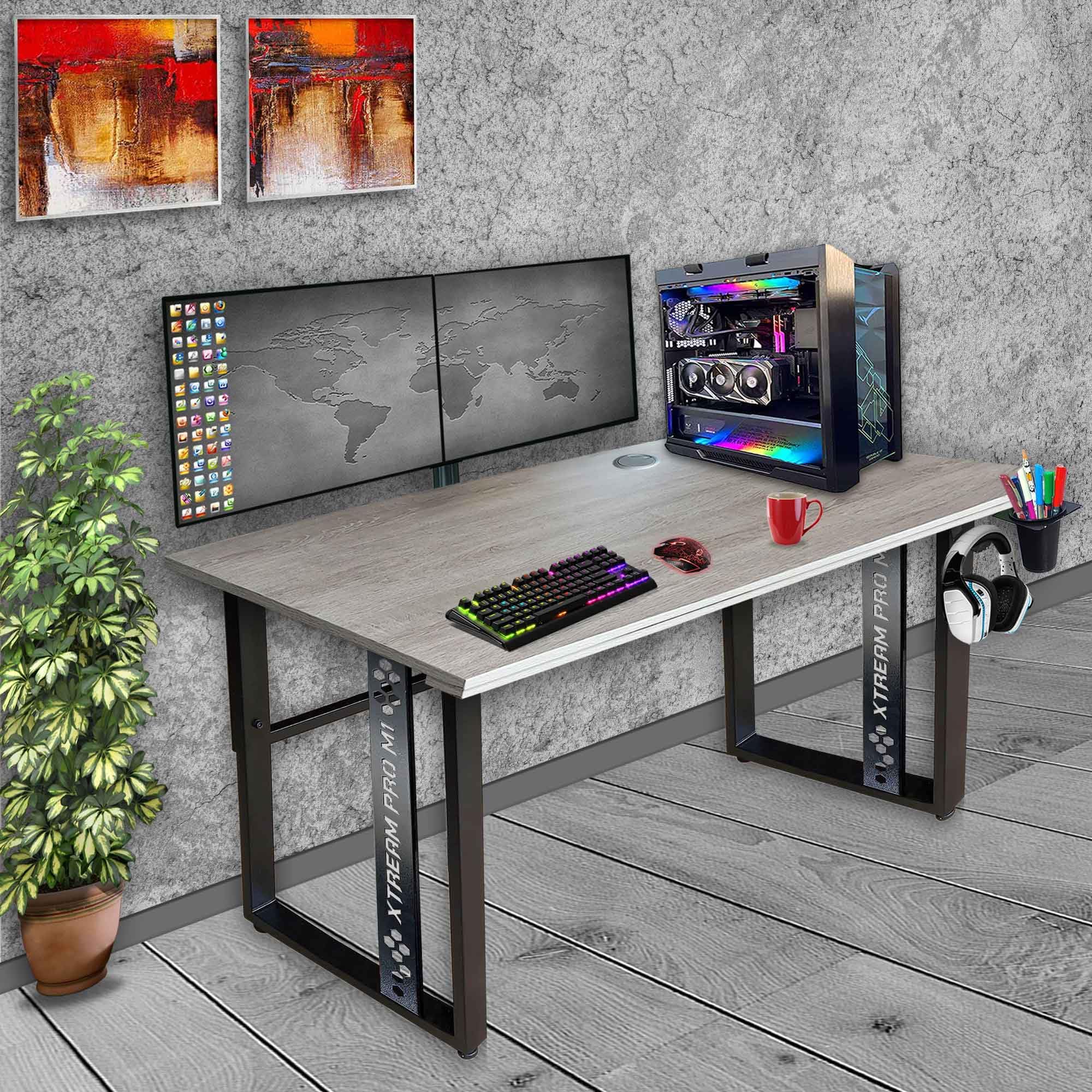 Xtreme PRO M1 Computer Desk. Large for PC, Dual Monitors, iMac, and Laptop. Work and Study Desk. Carbon Steel & Engineered Wood. Black Frame. 4 Feet Length - M1B4FO-FLEED Oak