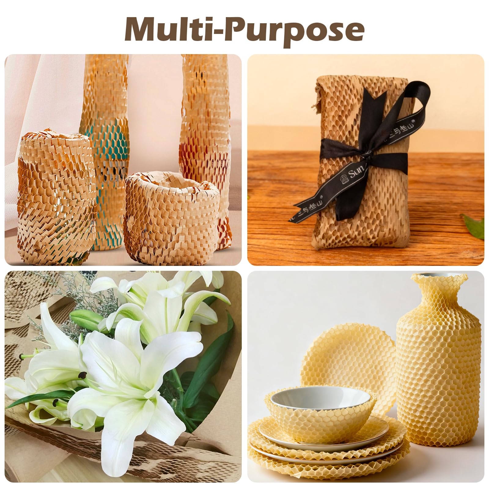 Rollo de papel de panal de abeja 38 cm x 70 m, Papel de embalaje marrón con 36 etiquetas adhesivas para artículos frágiles, alternativa al papel burbuja, para envolver regalos y artículos frágiles