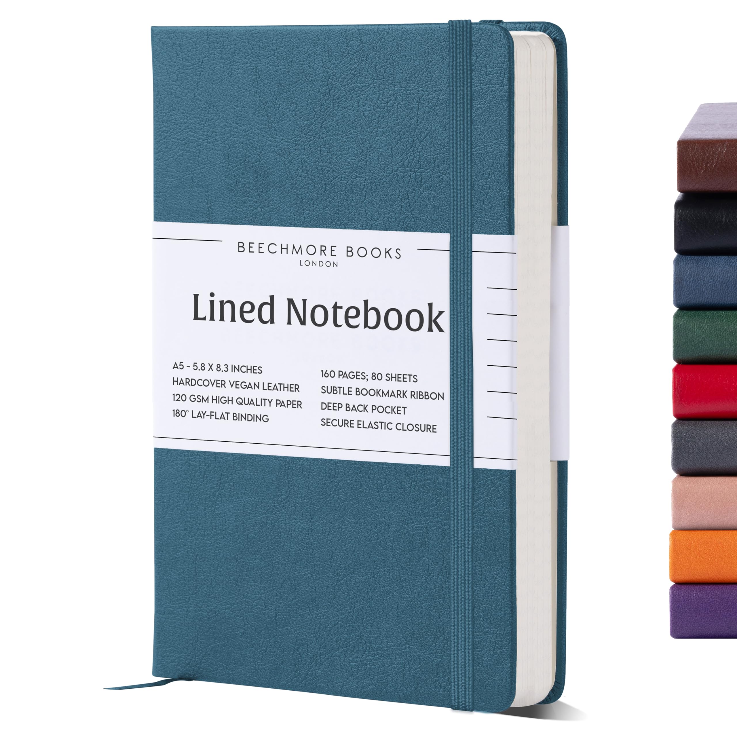 Beechmore Books Lined Journal Notebook, 5.8" x 8.3", A5 160 Lined Pages, Hardcover Leather Journals for Women Men