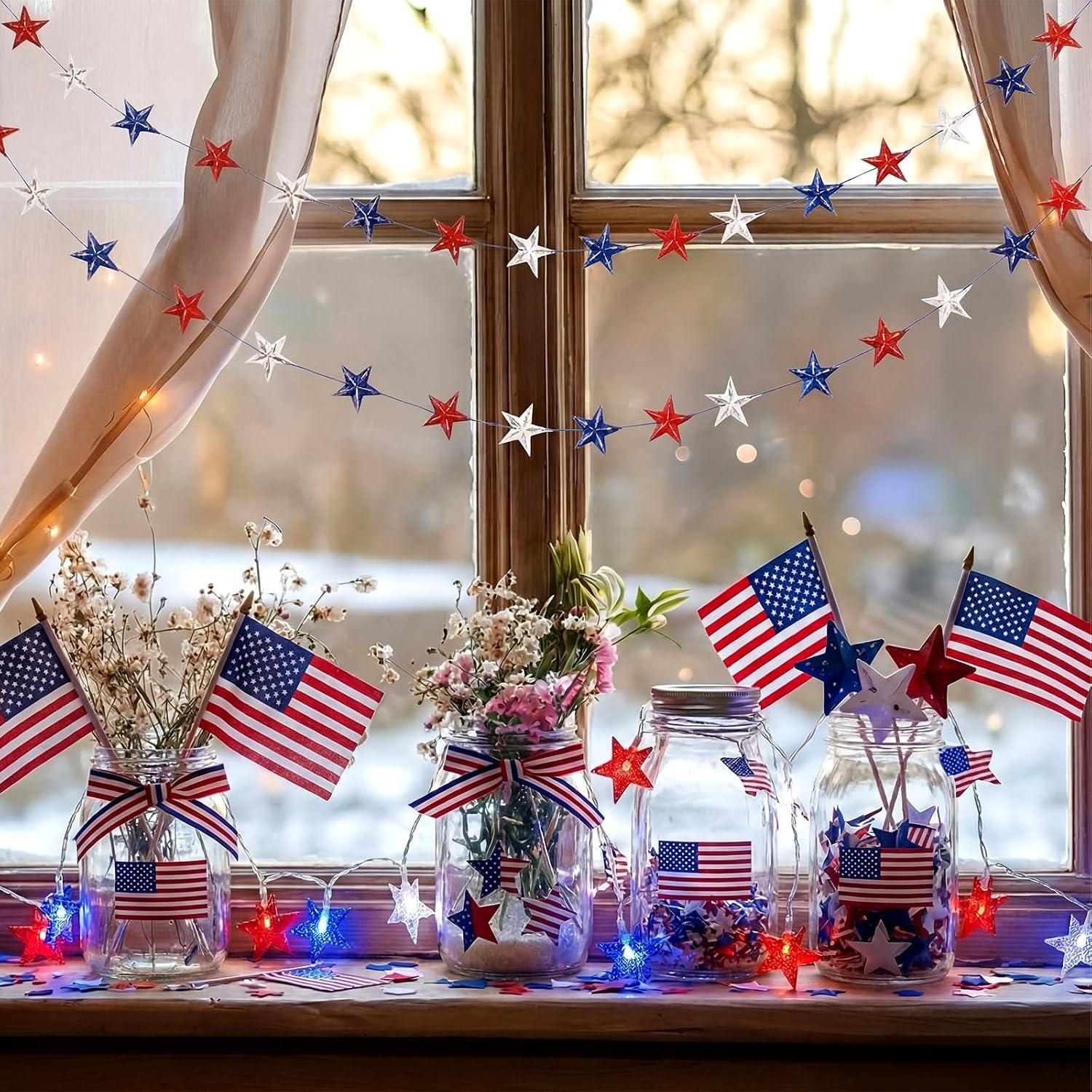 9.84ft 4th of July Patriotic Star Garland Vintage Star Garland 24 Red Blue White Stars Farmhouse Rustic Patriotic Decor for 250th Anniversary Independence Day Memorial Veterans Day