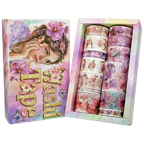 Miniatura 6 de Juego de cinta washi dorada y rosa – 12 rollos de cinta decorativa del alfabeto floral rosa, cinta washi con purpurina para diario, álbumes de