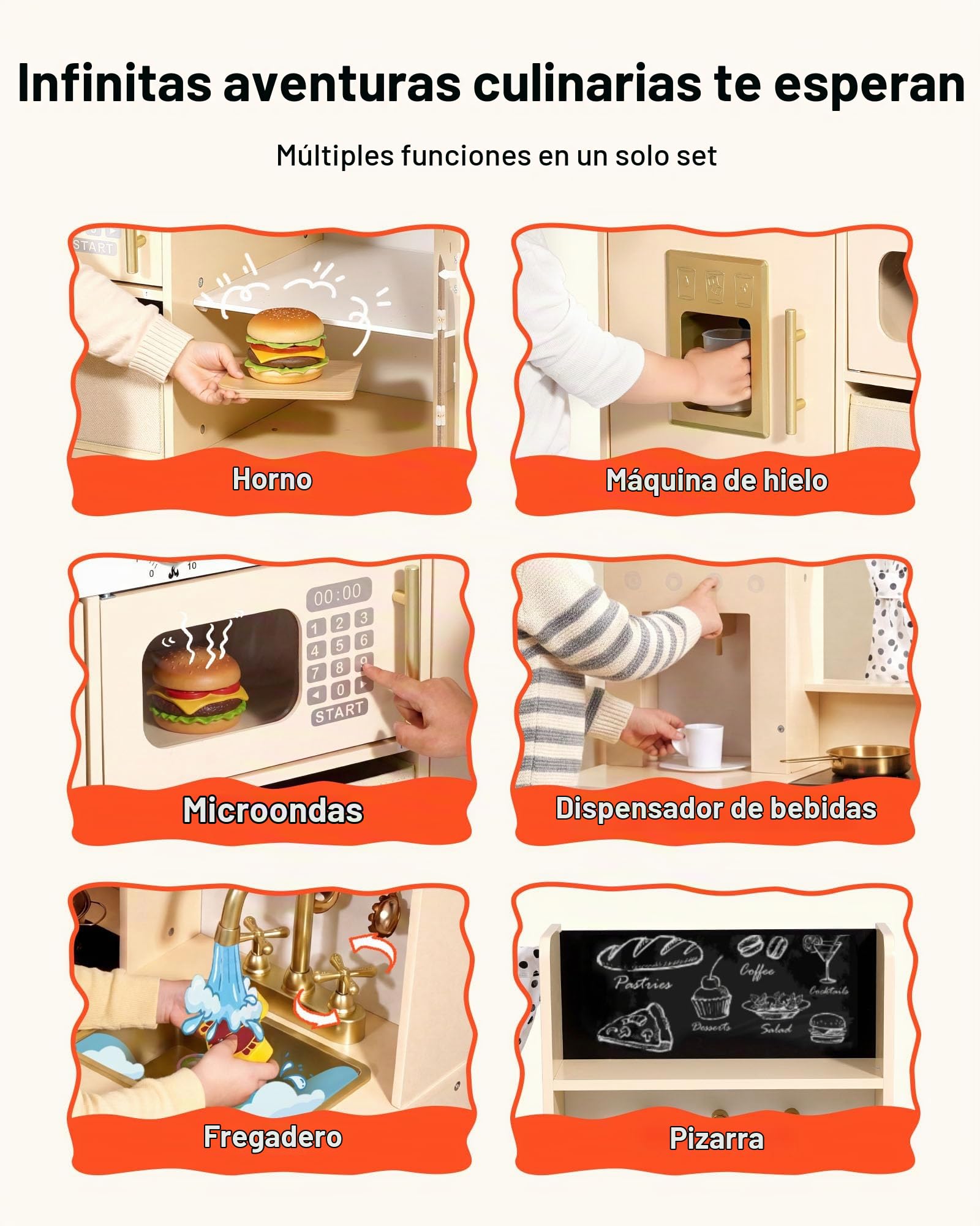 VEVOR Cocina de Juguete para Niños de 3 a 8 Años, Cocinita Infantil de Madera con Luces y Sonidos, Áreas Interactivas, Accesorios, Microondas, Máquina de Hielo, Juego de Cocina con Almacenamiento