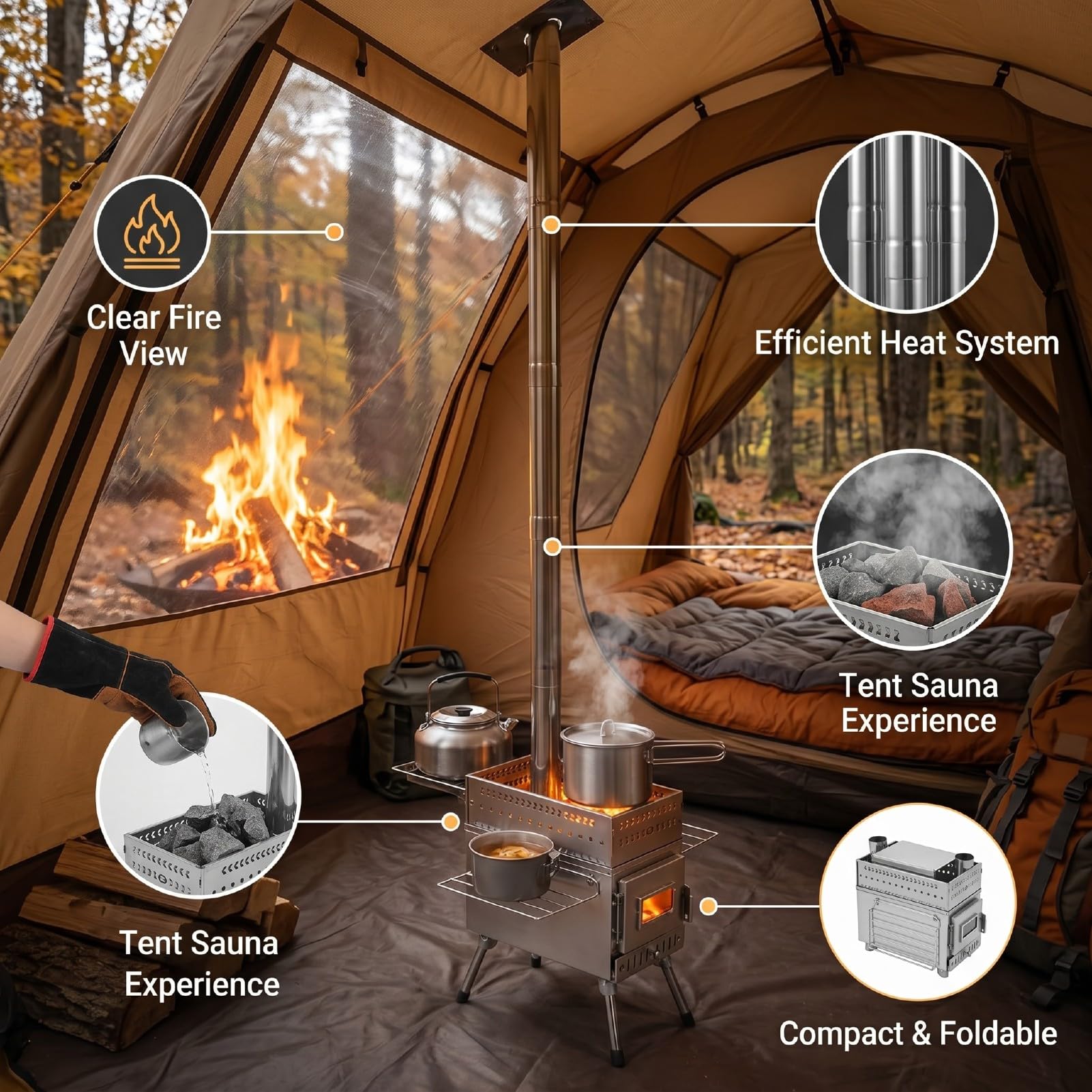 Stufa da Tenda, Stufa a Legna Portatile Pieghevole in Acciaio | Riscaldatore da campeggio a 5 tubi, scatola in pietra per sauna, foro di cottura, flusso d'aria regolabile, patio