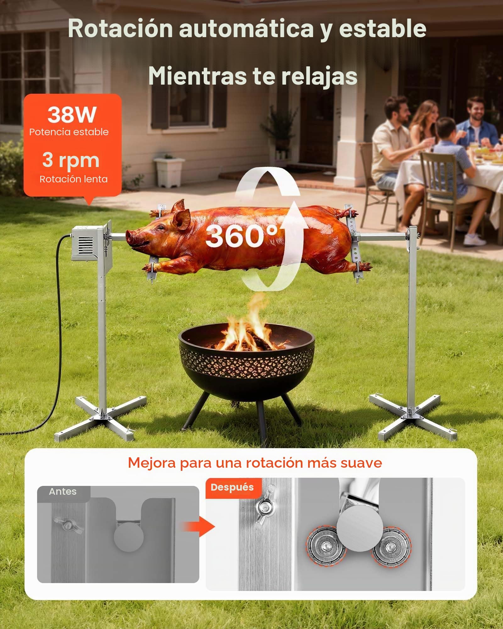 VEVOR Asador Giratorio Eléctrico 8 Niveles de Altura, Capacidad de Carga de 40 kg, Motor de 38 W, Acabado en Acero Inoxidable, Rotación Suave de 360°, Parrilla para Fiestas, Acampadas, Barbacoas