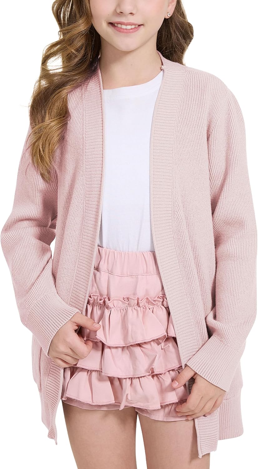 WULFUL Girls Long Sleeve Cardigan Kids Casual Open Front Oversized Sweater with Pockets