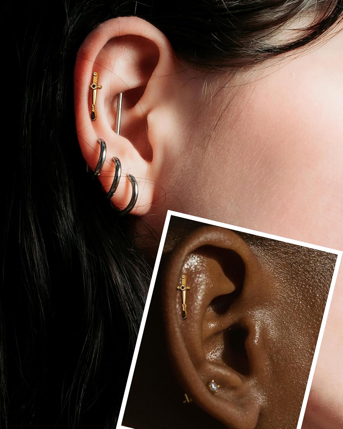 Jewseen 925 Sterling Silver Dagger Cartilage Piercing Jewelry Internally Threaded Helix Conch Tragus Earrings Cartilage Stud Earring Dangle CZ Lip Nose Piercing Jewelry for Women Men - Image 2