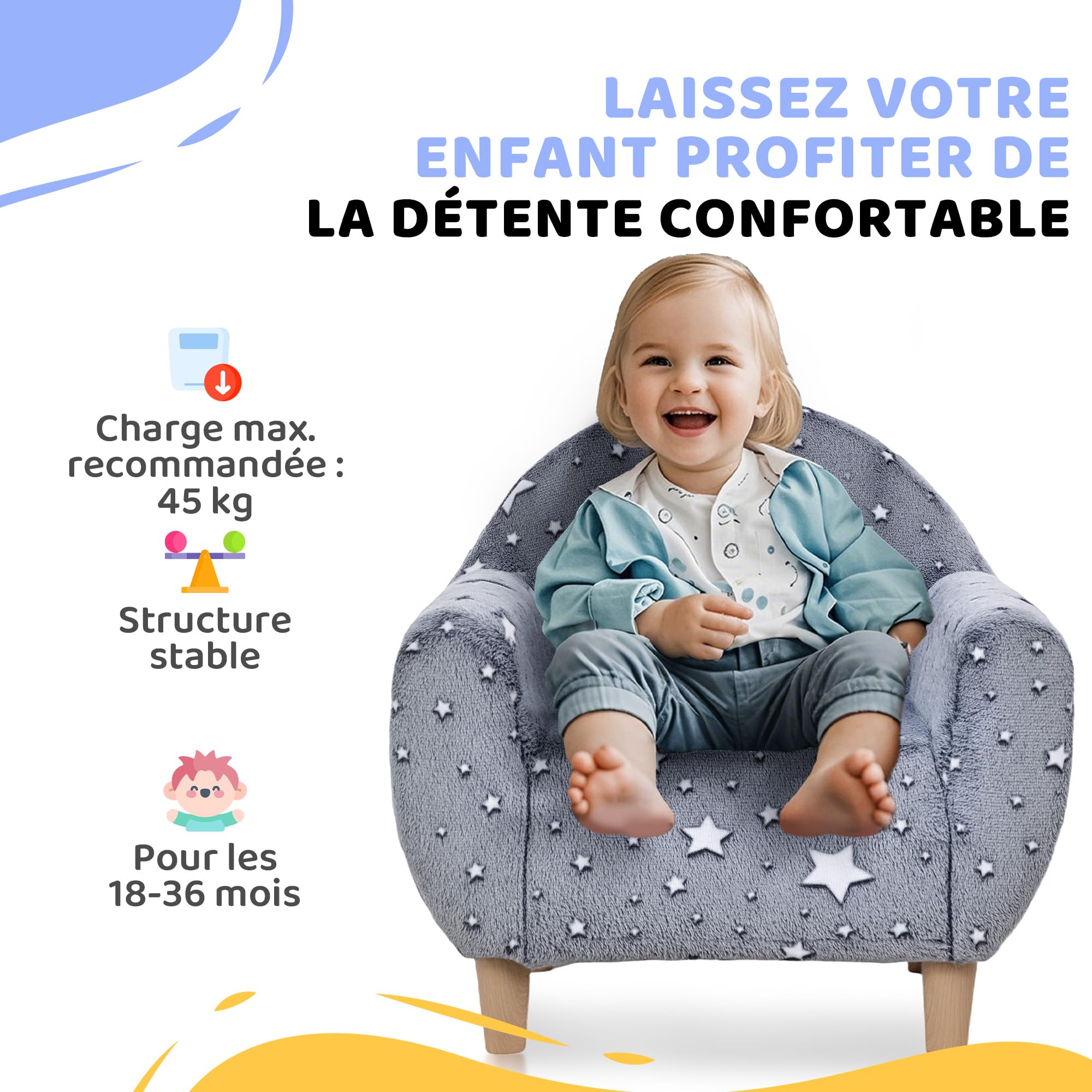 AIYAPLAY Fauteuil Enfants canapé pour Enfants hosphorescent avec Motif étoilé, Mini canapé en Tissu Velours, pour garçons et Filles, Gris