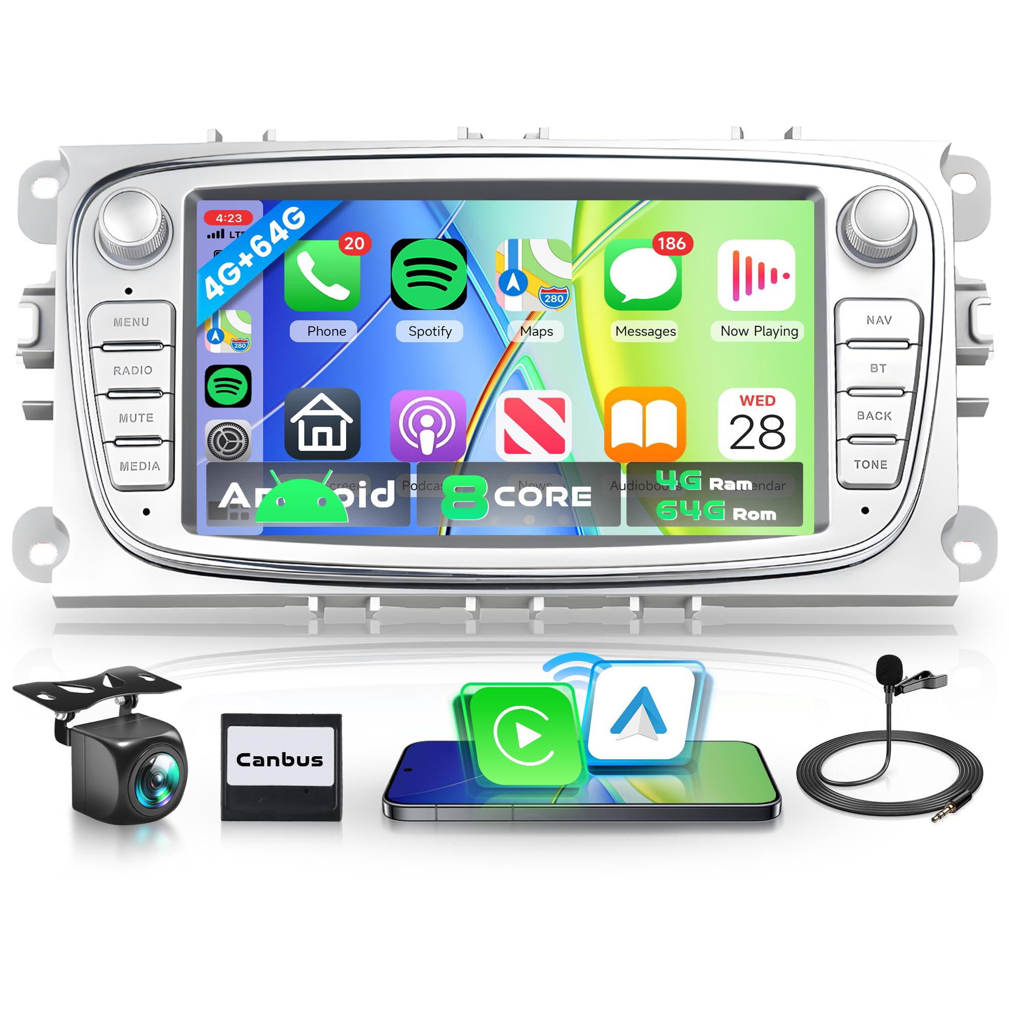 8 rdzeni 4G+64G Bezprzewodowe radio samochodowe z systemem Android do Ford Focus II mk2 Mondeo S-Max C-Max Galaxy 7 Pollici Radio samochodowe Android, Auto GPS, WiFi, lustro, łącze Bluetooth FM/RDS