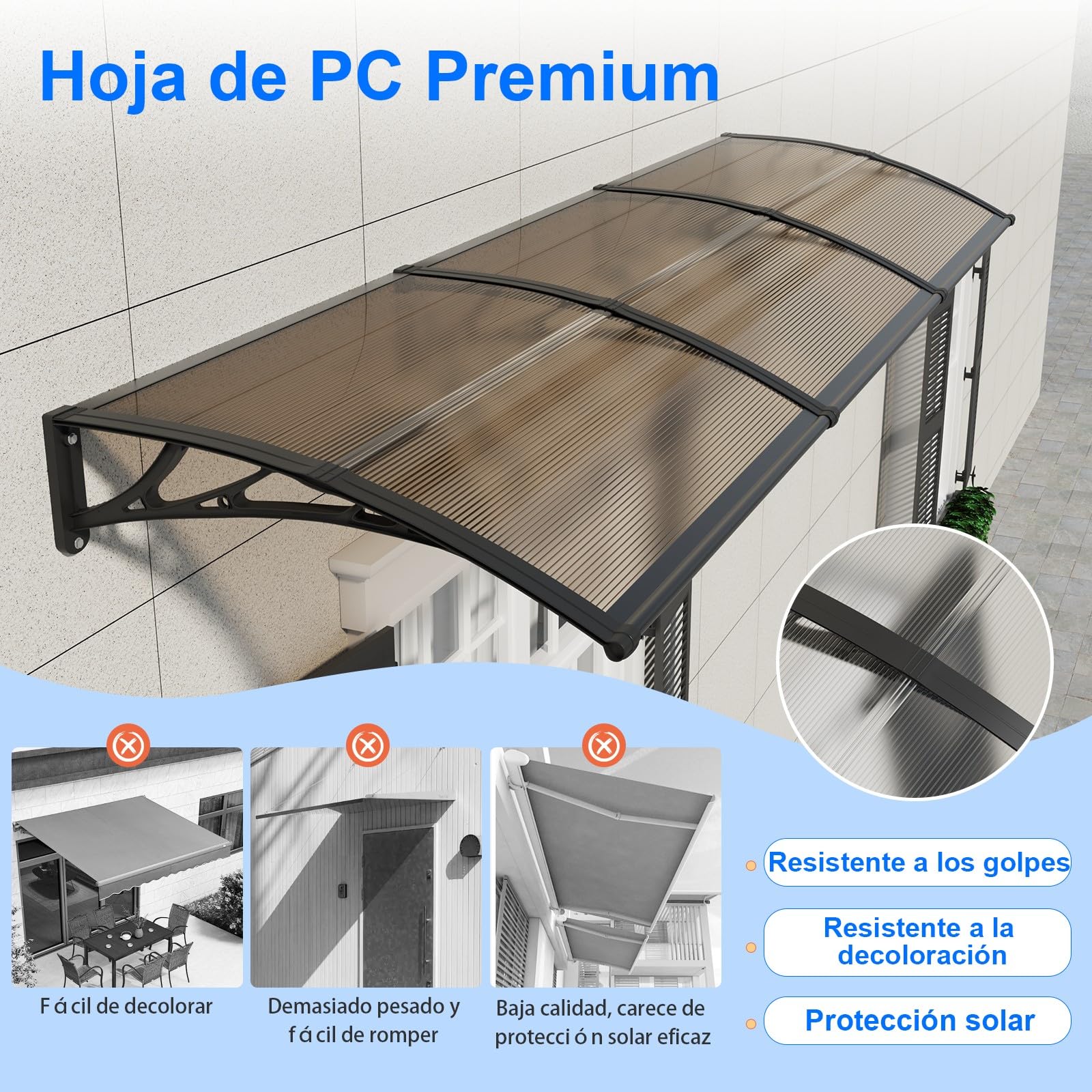 Marquesina para Puerta Exterior 150x80 CM, Tejadillo de Protección contra Lluvia y Rayos UV, Cubierta de Policarbonato para Puertas, Ventanas, Porches, Patios y Terrazas