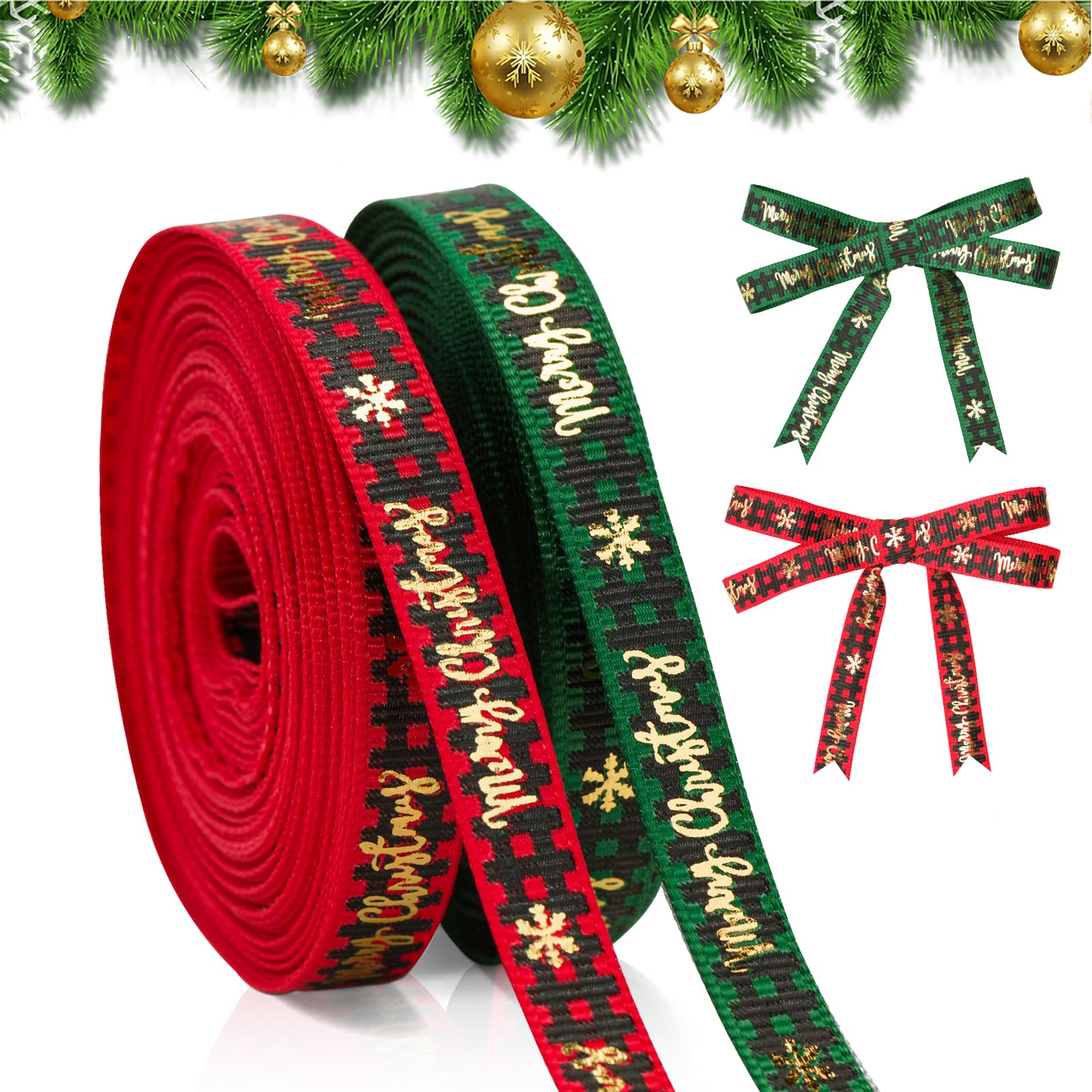KINGLAKE 2 Rolls x 10 Yards Merry Christmas Ribbon for Gift Wrapping 10mm Red Green Satin Ribbon Plaid Christmas Ribbons for Crafting Xmas Tree