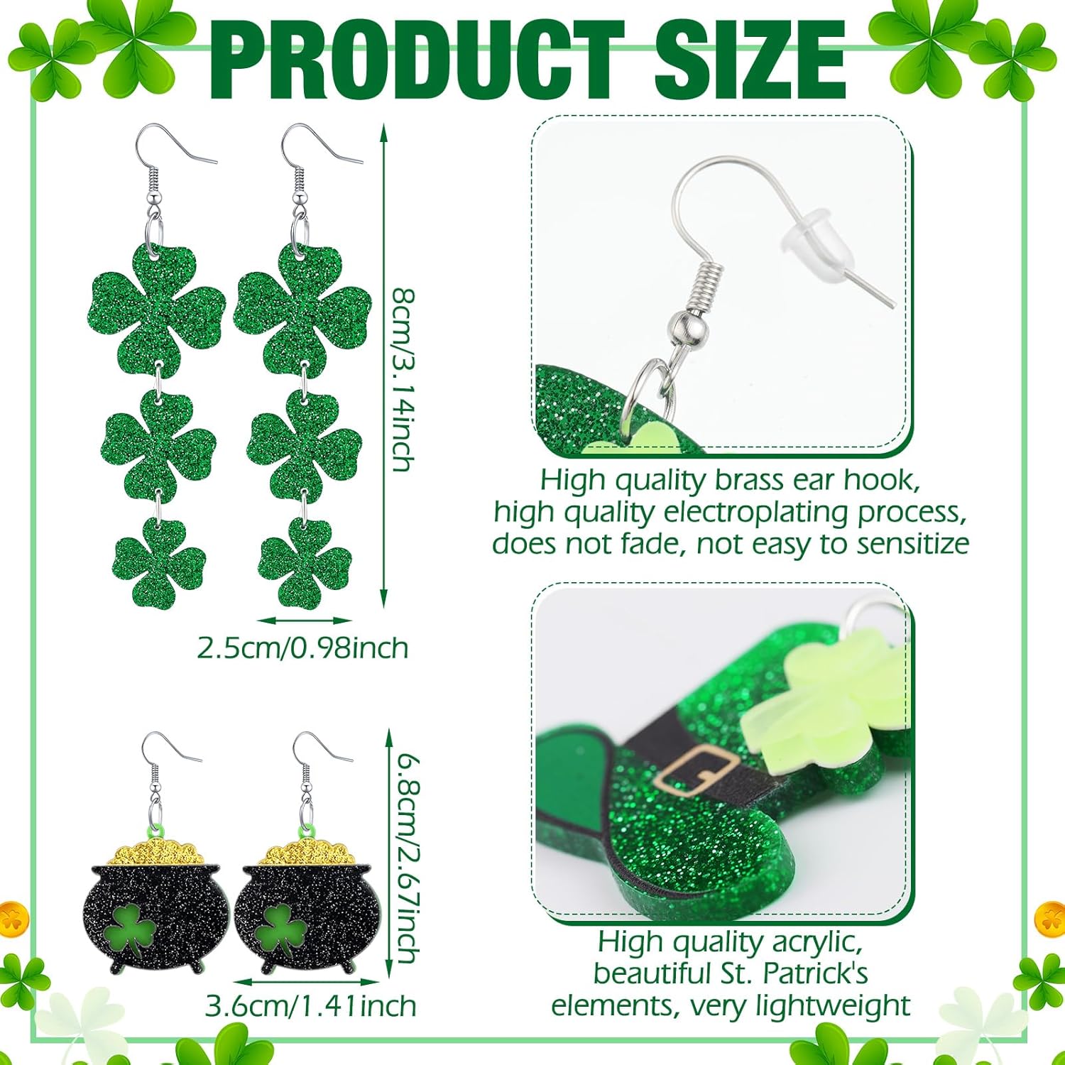 8 Pairs St. Patrick's Day Earrings for Women Acrylic Stud Irish Shamrock Dangle Earrings Green Hat Gold Pot Four Leaf Clover Earrings for Festival St Patty's Jewelry - Image 3