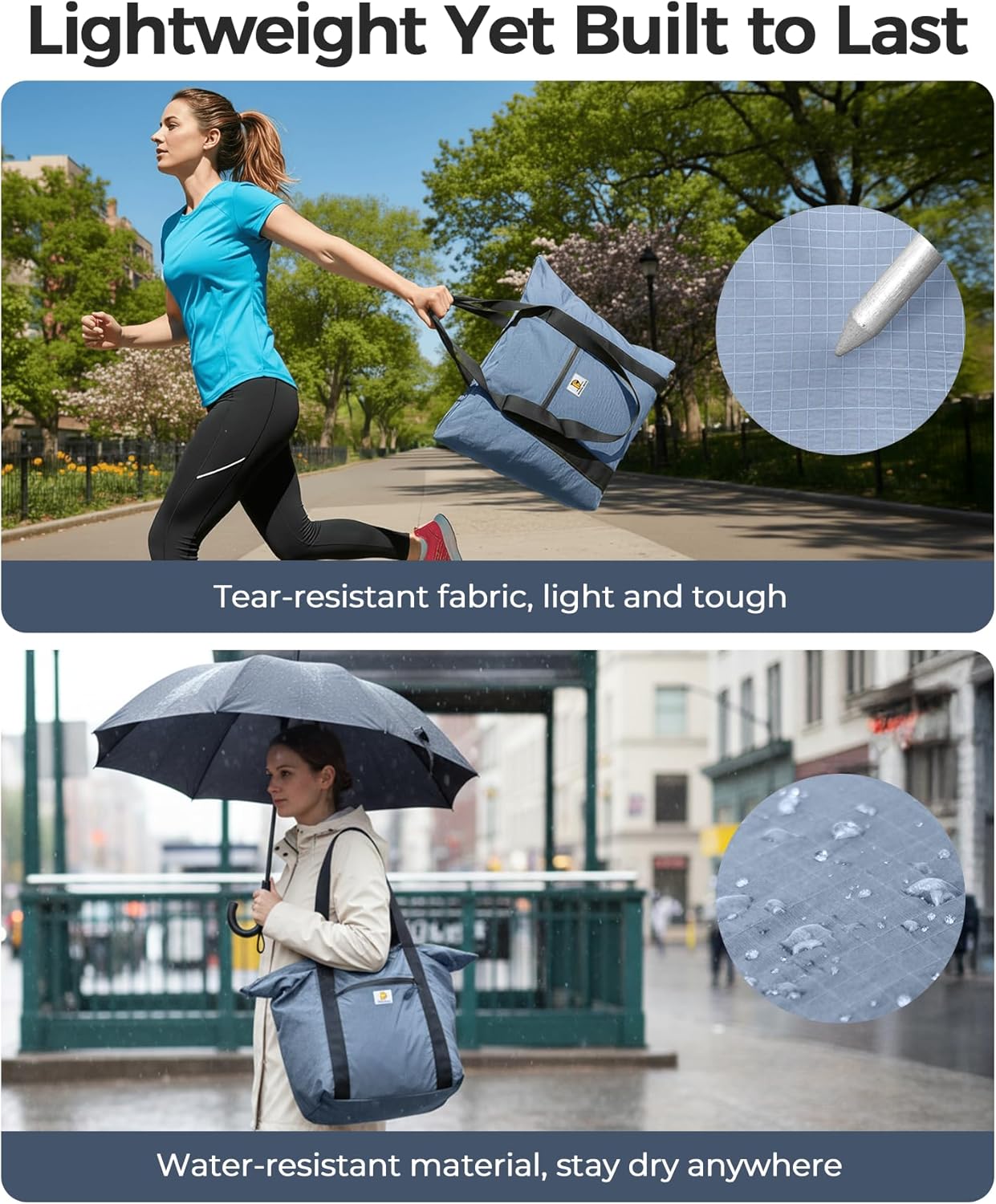 Foldable Travel Bag, 26L Lightweight Weekender Duffel, Expandable Second Carry-On Bag for Travel & Shopping, Water-Resistant Personal Item Bag, Mist Blue