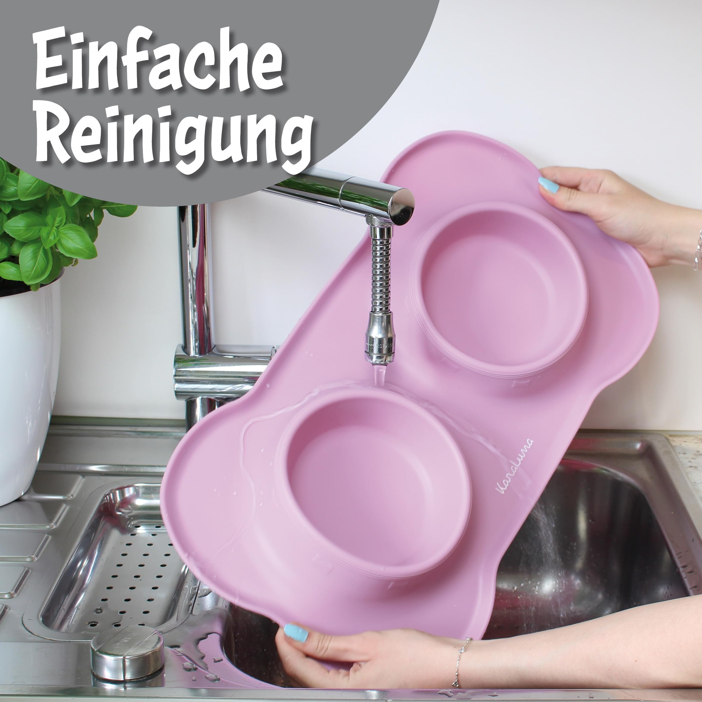 Napfunterlage mit Edelstahl Näpfen für Katzen & Hunde, 400ml, Rosa