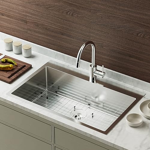Bonnlo 30 Inch Top mount Kitchen Sink Drop-in, Farmhouse Kitchen Sink with Sink Protector 18 Gauge, Workstation Sink, Stainless Steel Single Bowl Kitchen Sinks for RV, Travel Trailer, Garage, 30x22x9