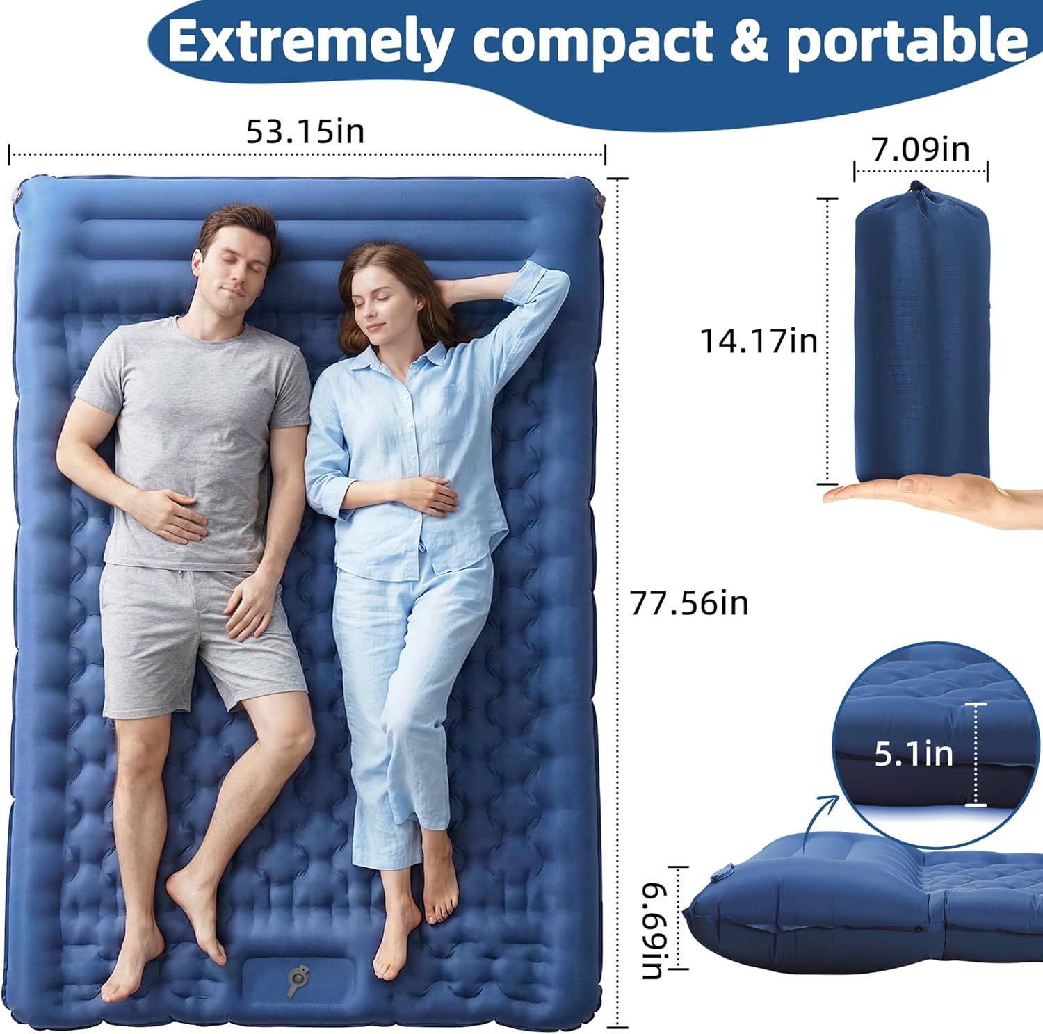 Camping Sleeping Pad, 5.1" Extra-Thick Camping Mattress with Pillow, Built-in Foot Pump Ultralight Inflatable Sleeping Pads for Camping Hiking Backpacking Traveling Tent, Navy Blue, 2 Person