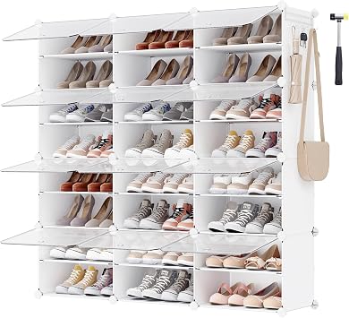 SONGMICS Interlocking Shoe Rack, Plastic Shoe Storage Cabinet, 12-Slot Modular Storage Organiser Unit, 30 x 40 x 30 cm for Each Slot, with Doors, Steel Frame, Plastic Panels, White LPC040W01