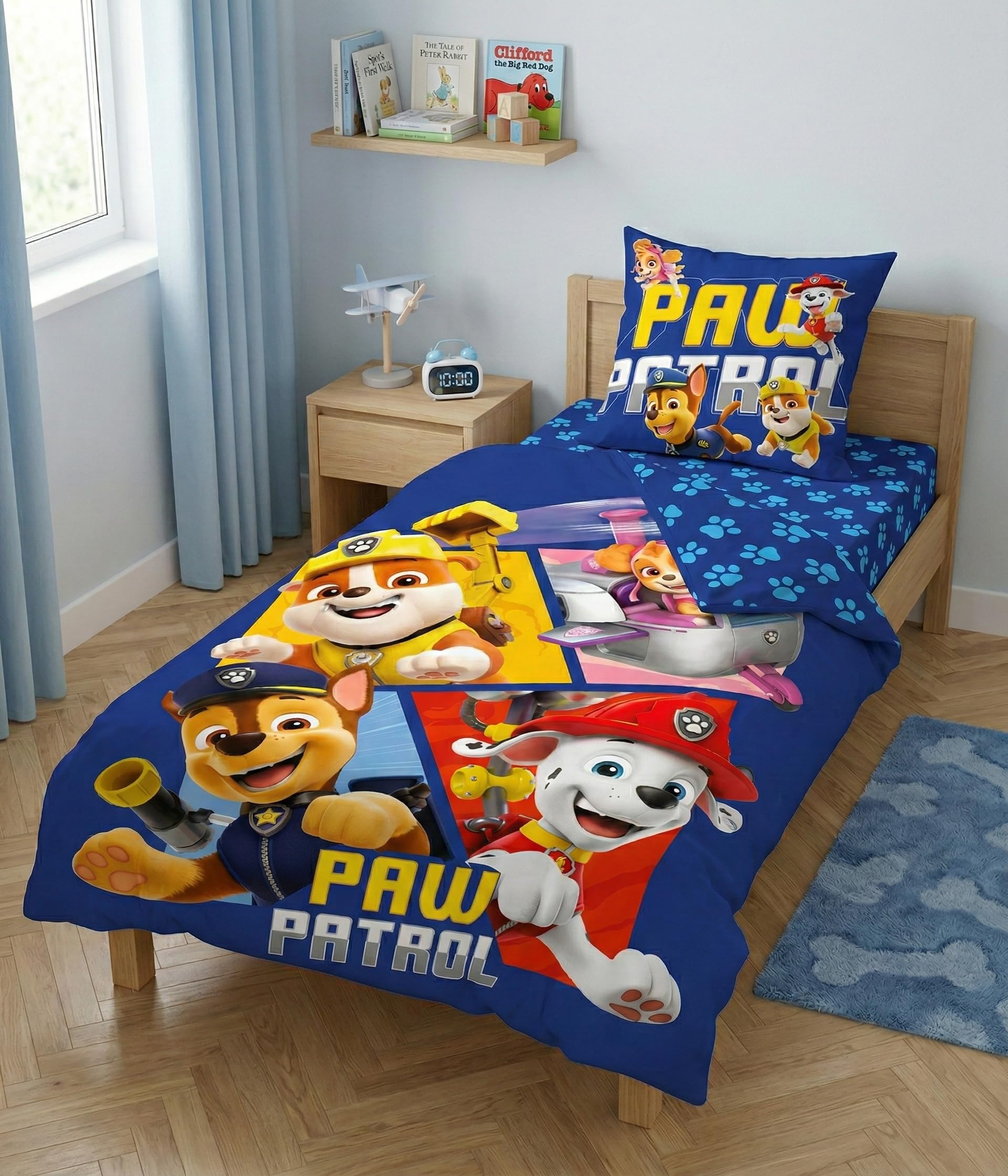Pat Patrouille Squares Parure 3 Pièces 140x200 + Taie 63x63 + Drap Cadeau | Housse de couette + drap-housse 90x190 | Microfibre Oeko-Tex séchage rapide | Chase Marcus Ruben Stella | 3-8 | Idée cadeau