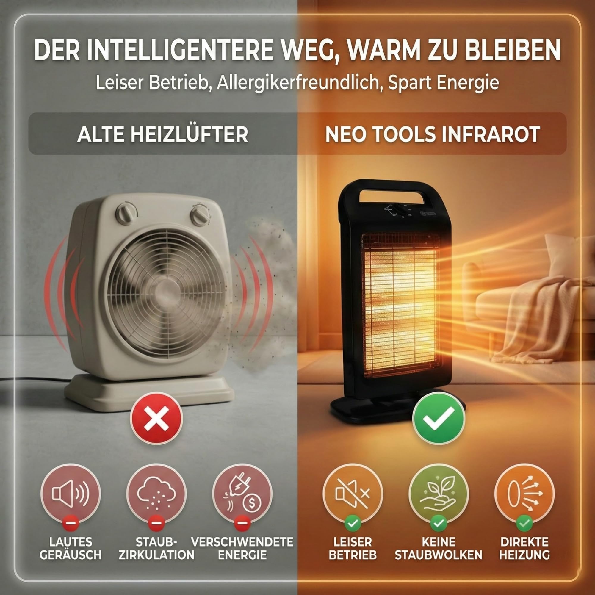 NEO TOOLS Halogen Infrarot Heizstrahler 400/800/1200W, Sofortwärme