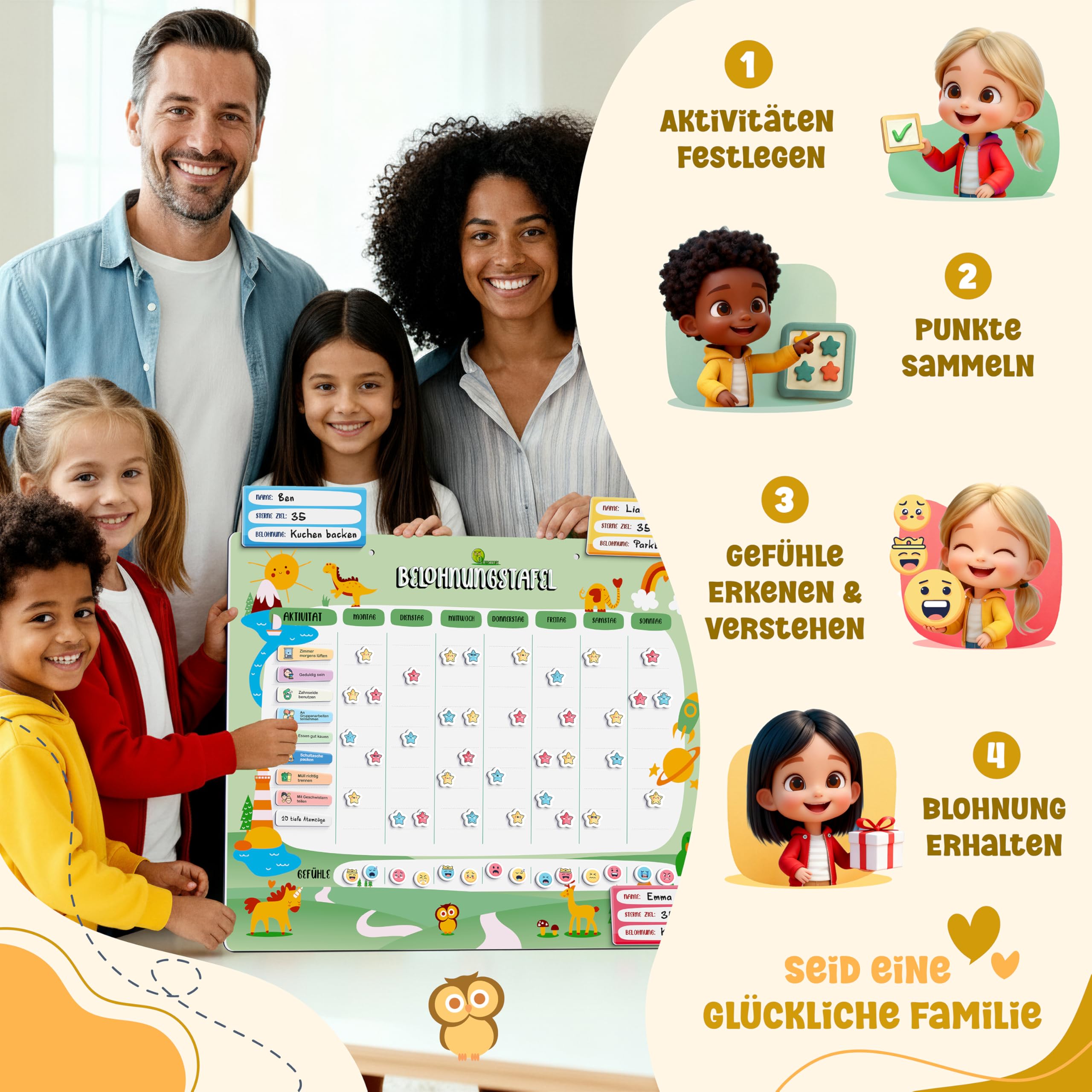 Belohnungstafel für Kinder - [110+20 Aufgaben - 480 Gefühle & Stern-Magnete] - Montessori Magnettafel für Emotionen, Verhalten, Verantwortung & Selbstständigkeit, Tasche, 3 Stifte