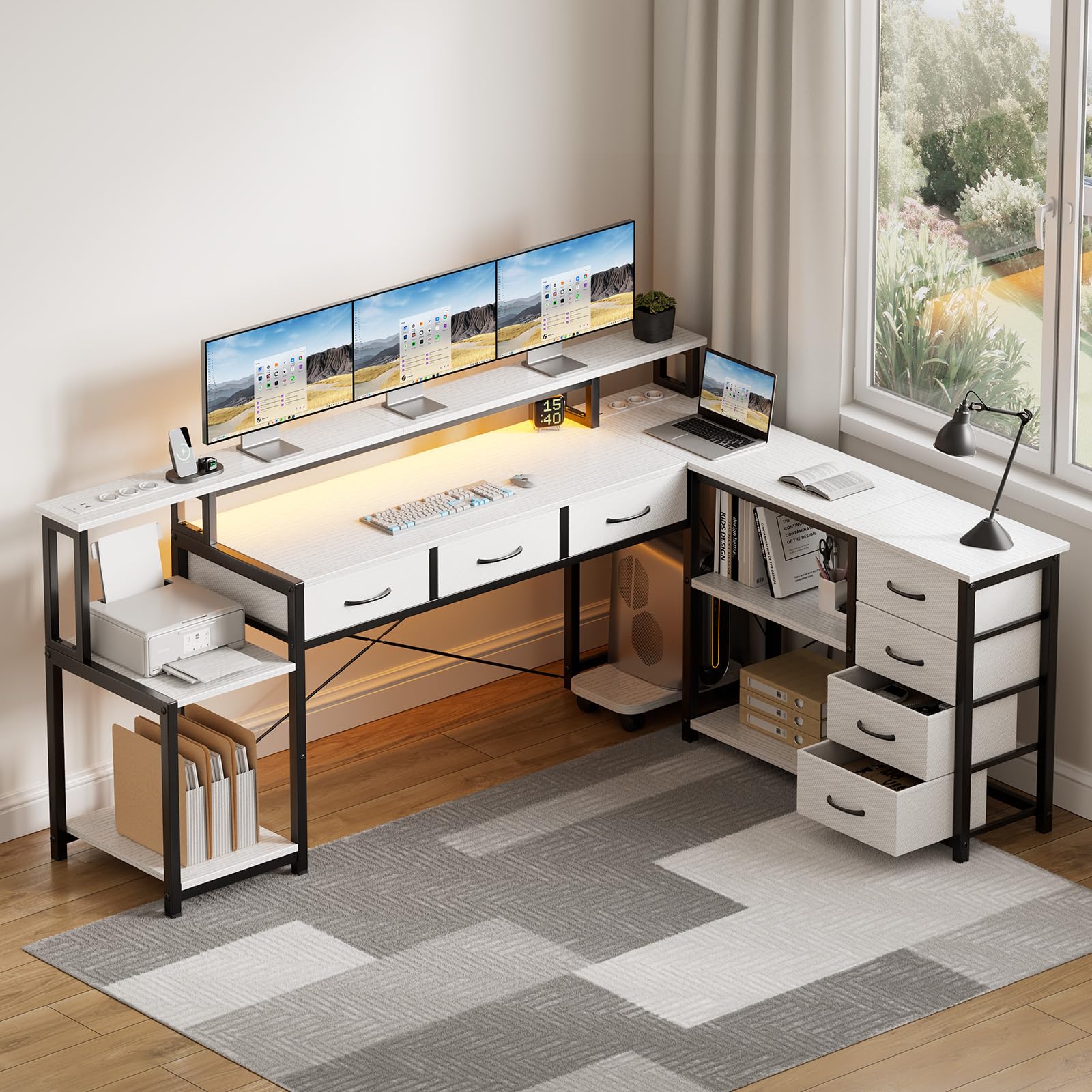 Schreibtisch L-Form 200 x 146 cm mit LED, Steckdose & Schubladen, Weiß