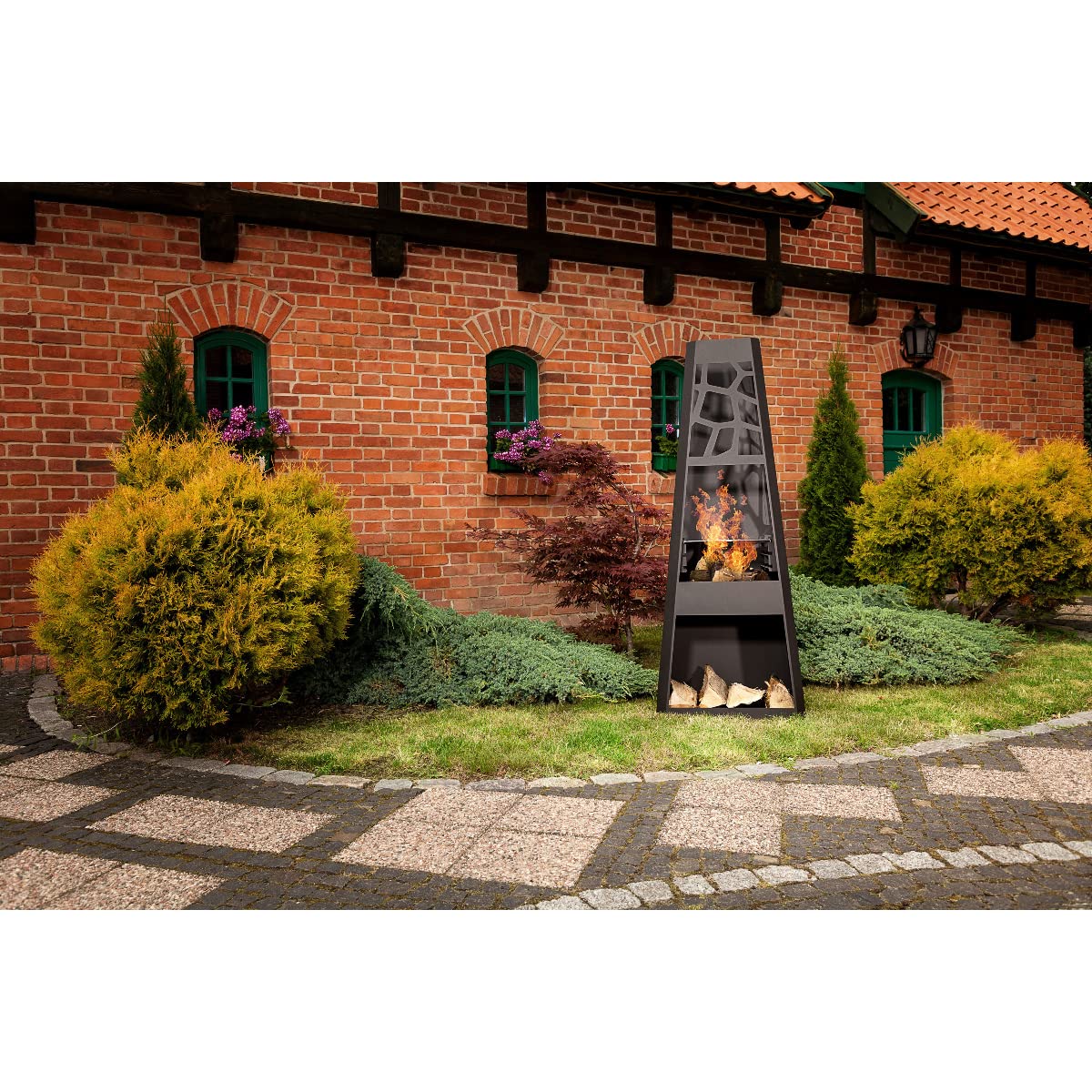dobar® 35423 Design Metall Gartenkamin mit Grillrost | Terrassenofen auf Stahlblech inkl. Stauraum | XL Feuerstelle für Garten/Terrasse | Gartenfeuer | Großer Gartenofen | 57,5 x 38 x 148 cm | Schwarz