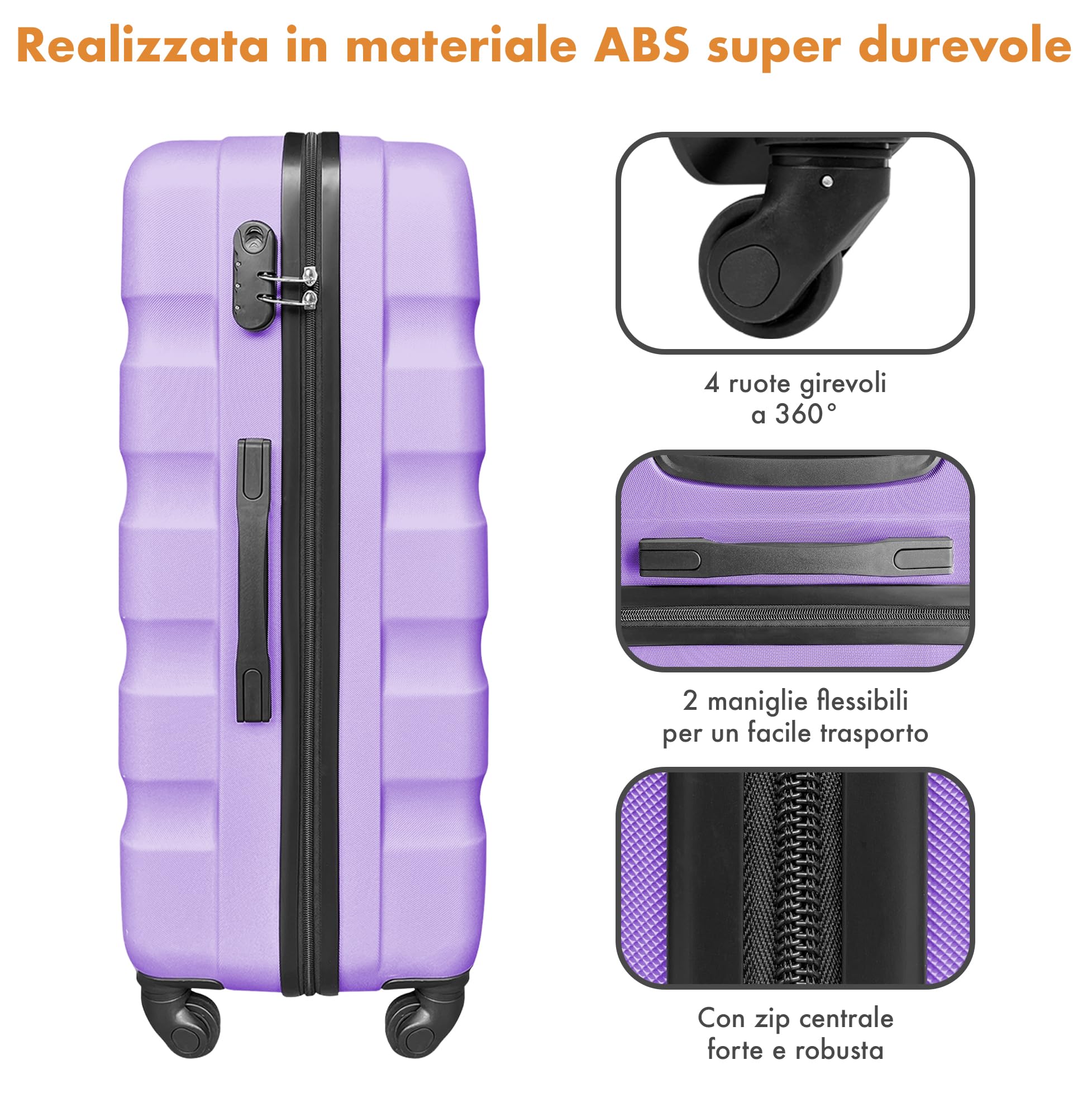 Set Di 3 Valigie Rigide ABS Valigia Da Viaggio Con Chiusura Lucchetto Combinazione Grande Media Piccola Forti Resistenti Manico Telescopico Trolley Borsa Vacanze Set Viaggio Treno Aereo Auto - Lilla