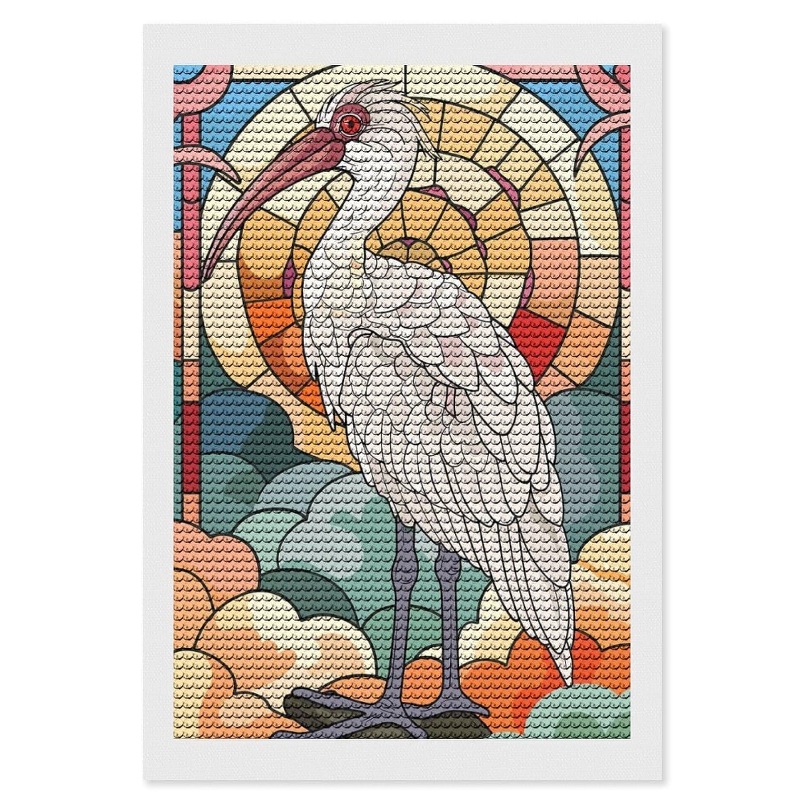 Junmoney Stained Glass Ibis with Sun and Clouds Round Drill Diamond Painting 8"x12", for Craft Lovers, Stress Relief Craft, Bedroom Decor, Festive Craft Gift