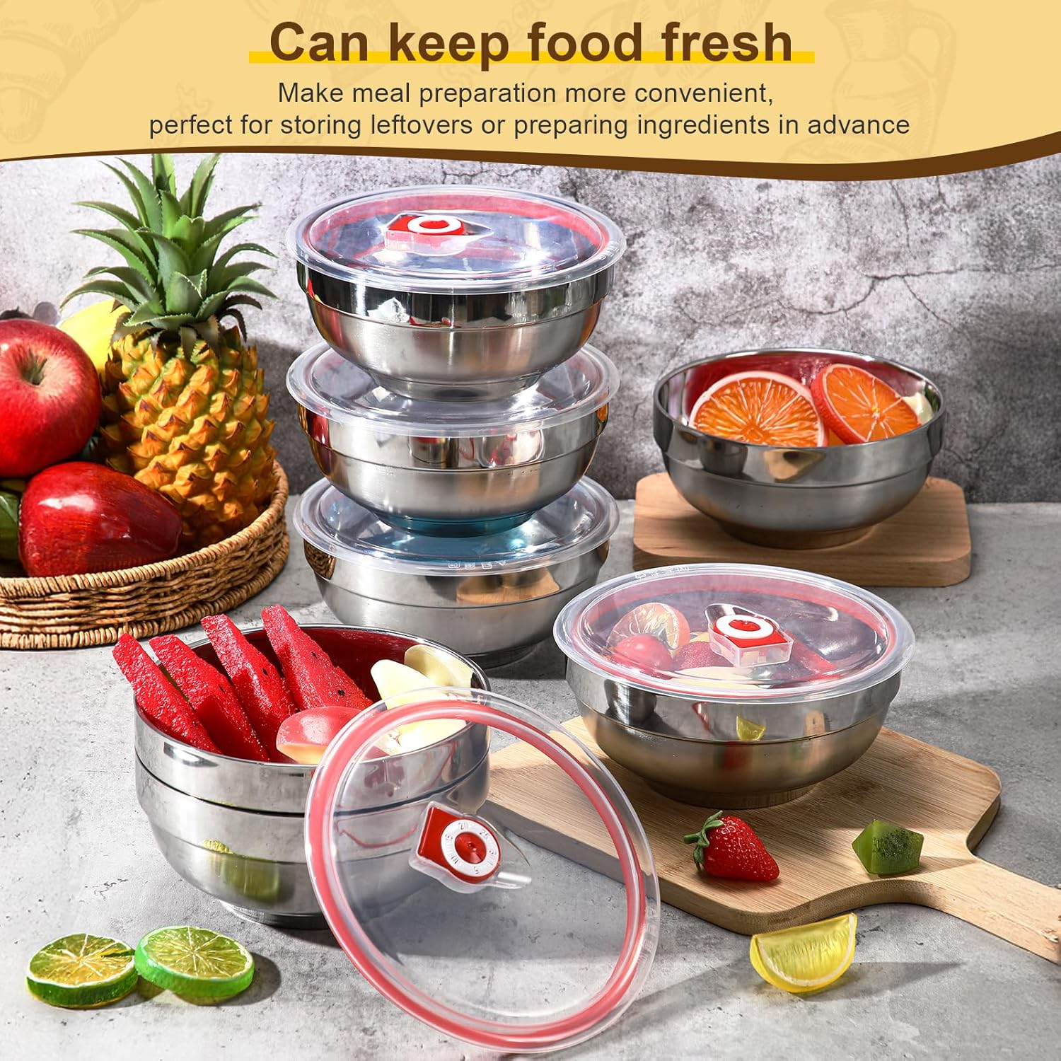 Honeydak 8 Pcs 19 oz Stainless Steel Bowls with Lids Large Mixing Bowls Insulated Metal Salad Noodle Soup Snack Leak Proof Food Storage Container with Airtight Lids - Image 3