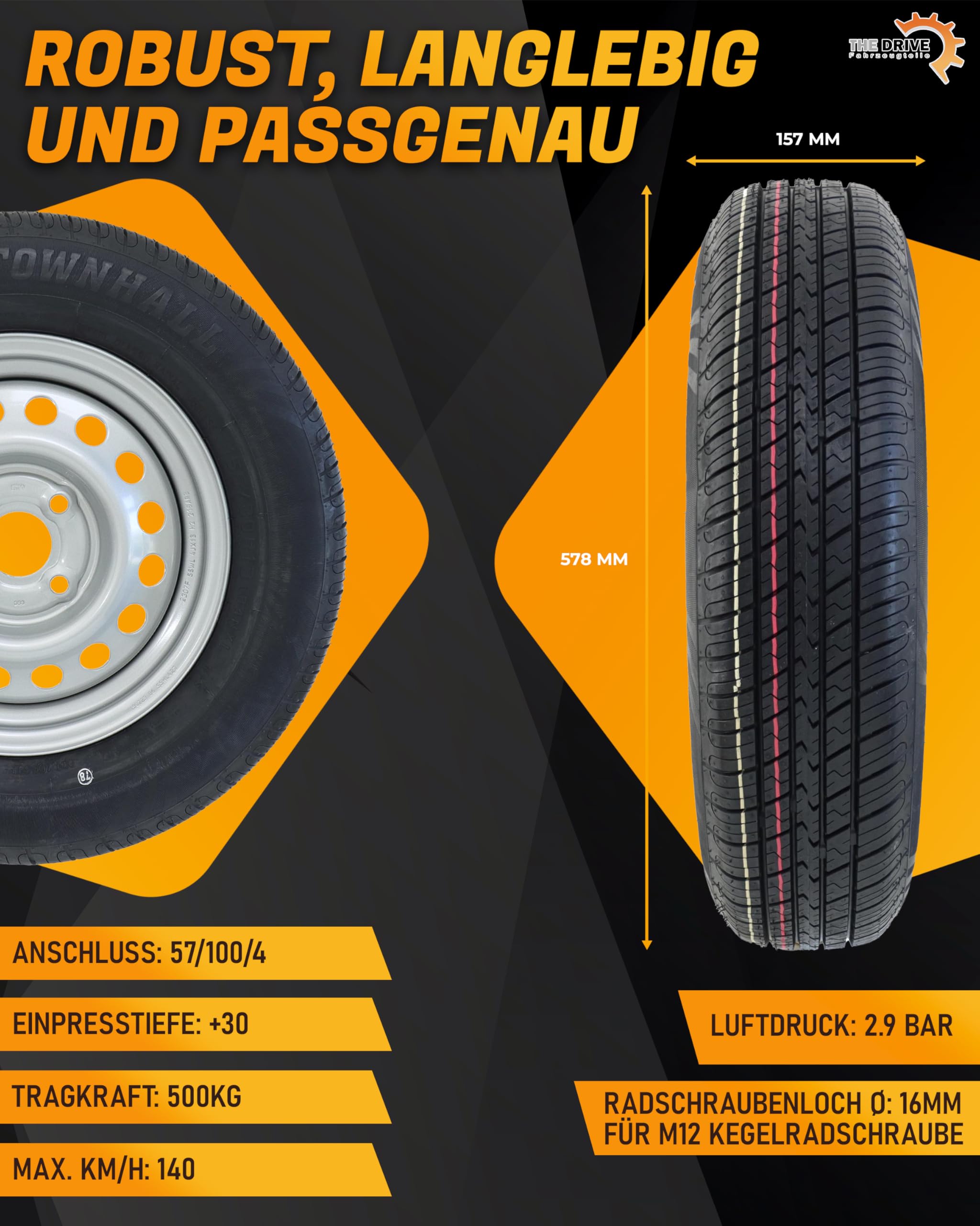 The Drive 2x Komplettrad 155/80R13 84N XL für Pkw-Anhänger & Caravan – Felge 4Jx13 H2 ET30 – Lochkreis 4x100 – Tragkraft 500kg – max. 140 km/h – hochwertige Ersatzräder für Autoanhänger