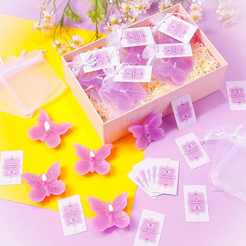 Miniatura 6 de Treela Juego de 24 velas de mariposa moradas para baby shower, decoraciones para invitados, una pequeña mariposa está en camino, regalos de
