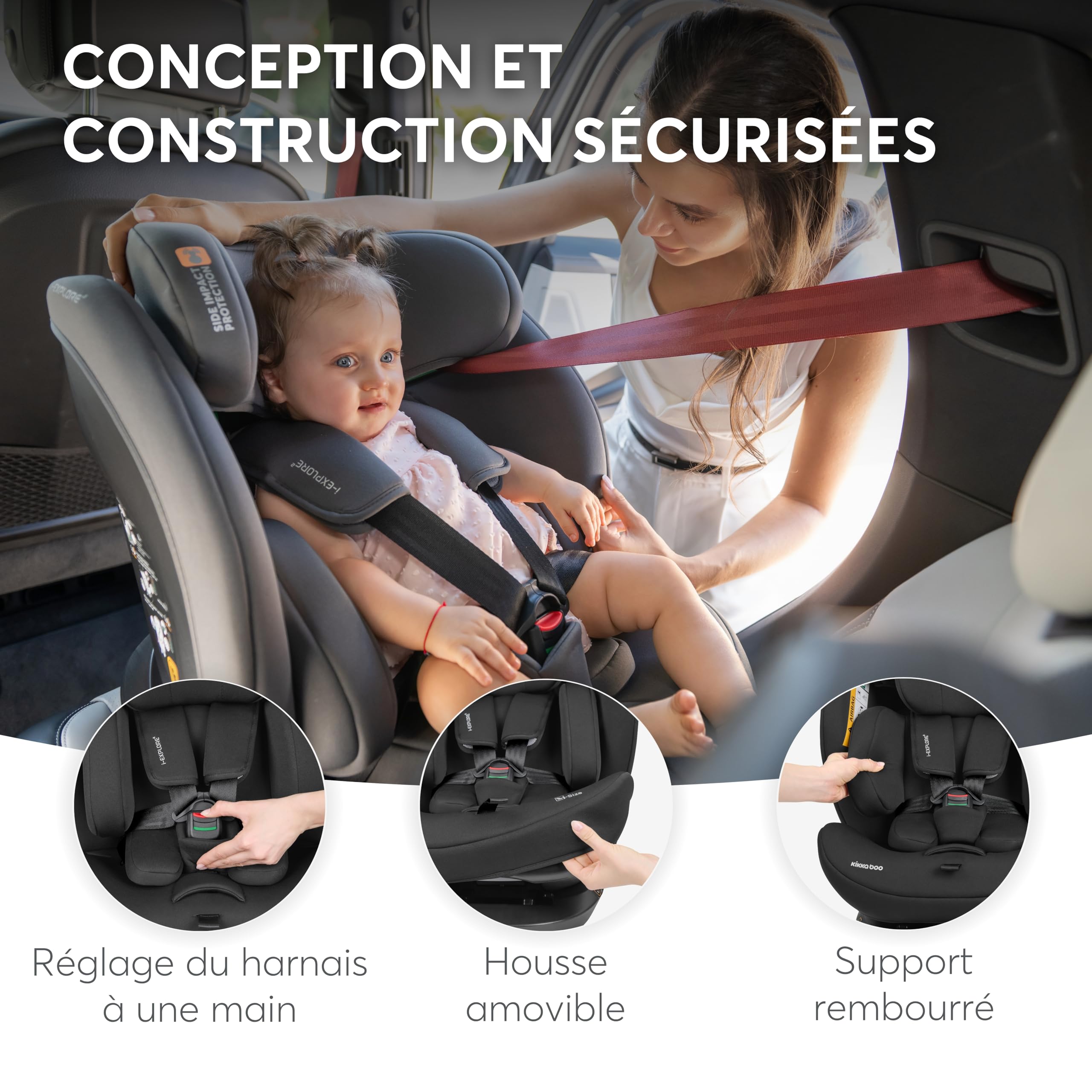 KikkaBoo Siege Auto Bebe 0 À 36kg i-EXPLORE 2, i-Size, 40-150 Cm, Groupe 0/1/2/3, Dos Et Face À La Route, Inclinable, Appui-Tête 14 Positions, Harnais 5 Points, Noir