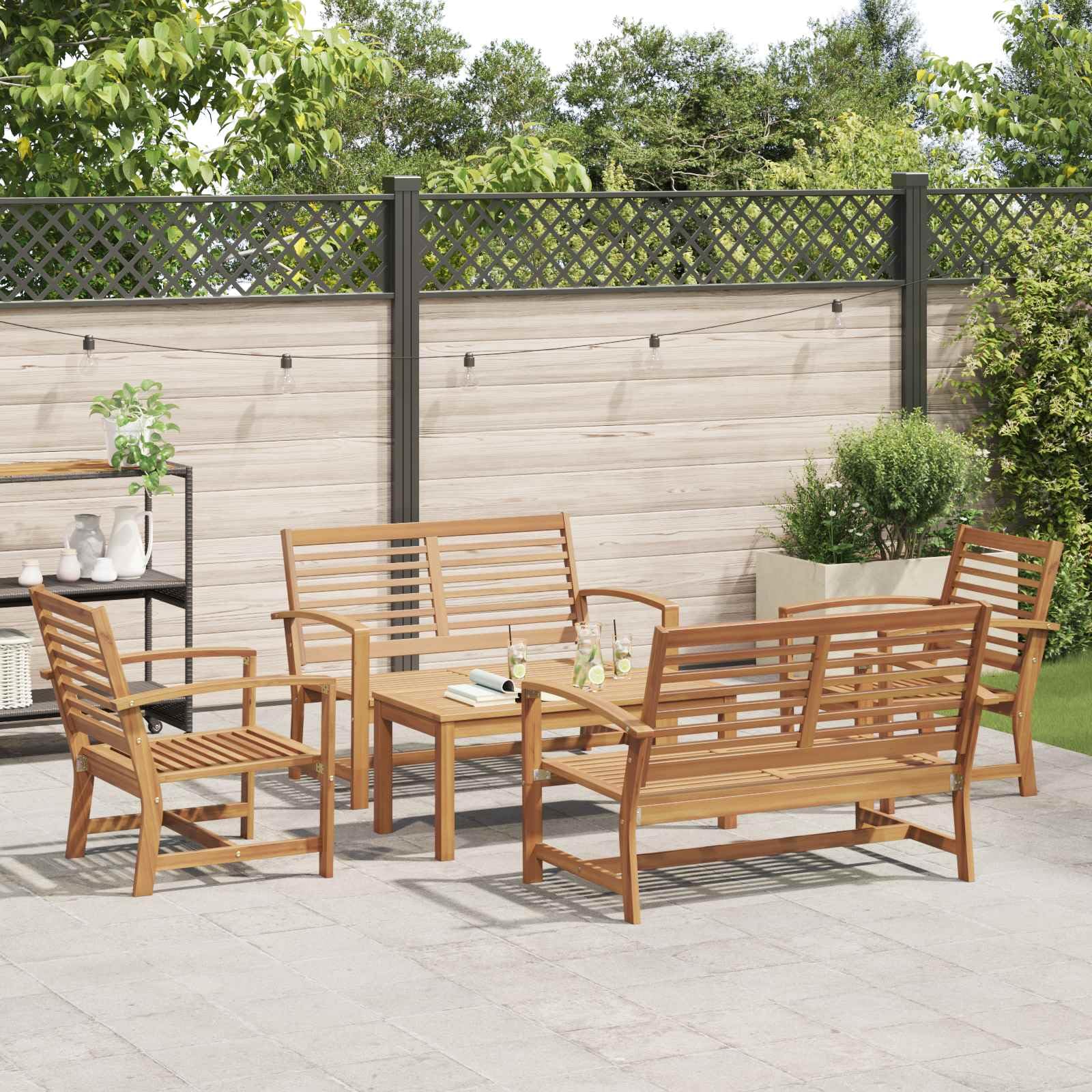 Ensemble de canapé de jardin 5 pièces en teck massif de couleur marron unie avec coussins amovibles pour terrasse - Salon de jardin moderne en teck marron