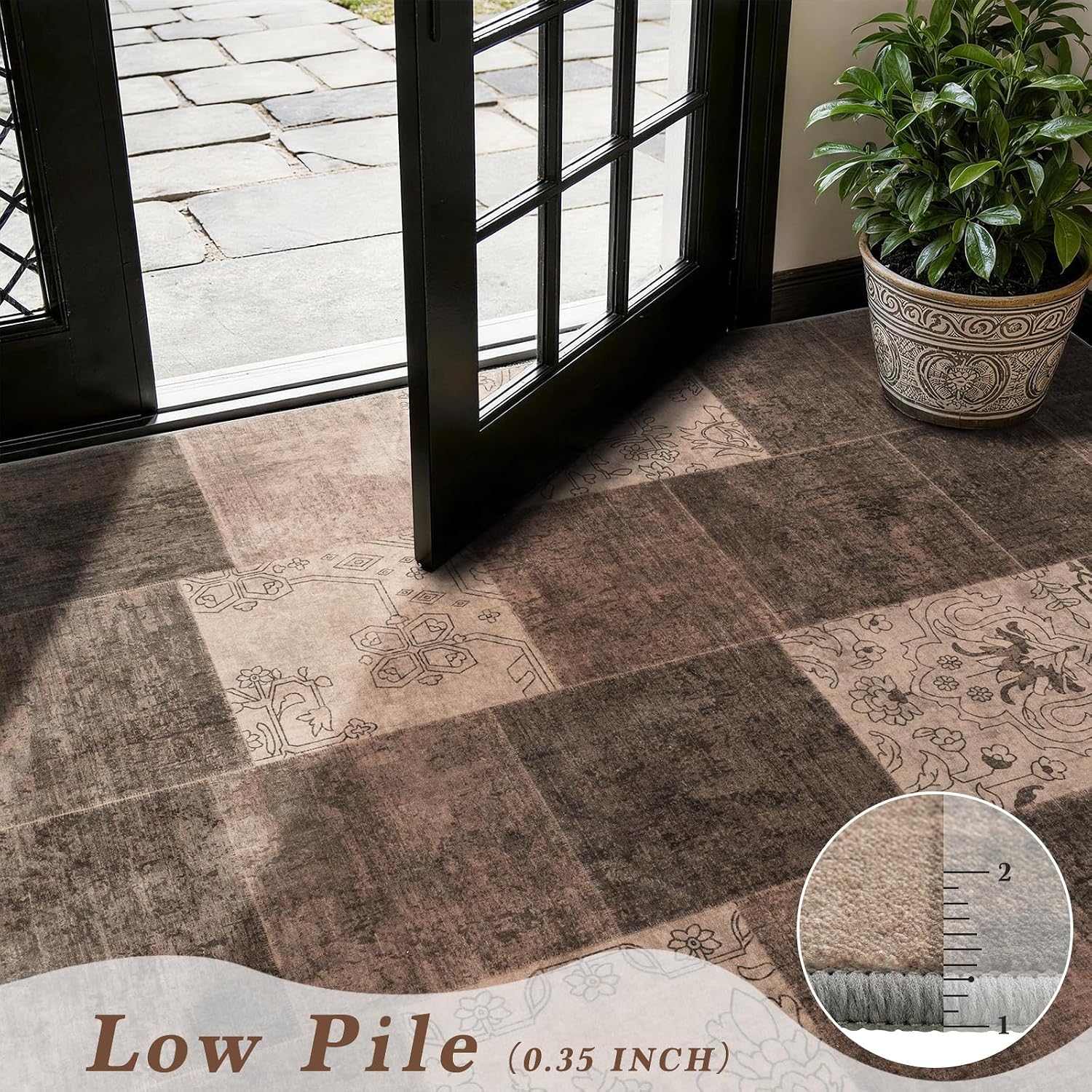 LIANLAM 5x7 Washable Area Rugs for Living Room and Bedroom, Vintage Boho Checkered Pattern Non-Slip Carpet, Stain Resistant Low Pile Soft Rug for Dining Room,Office,Nursery,Kids Room(5x7,Brown)