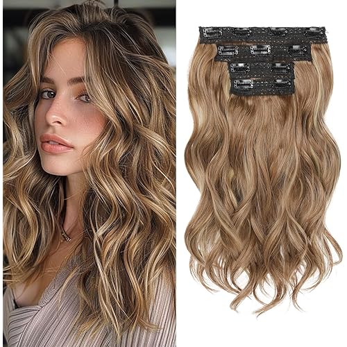 REECHO Hair Extensions, 4PCS Clip in Hair Extensions 14" Short Beach Wavy Hair Extensions Invisible Lace Weft Natural Soft Hairpieces for Women – Light Brown with Highlights