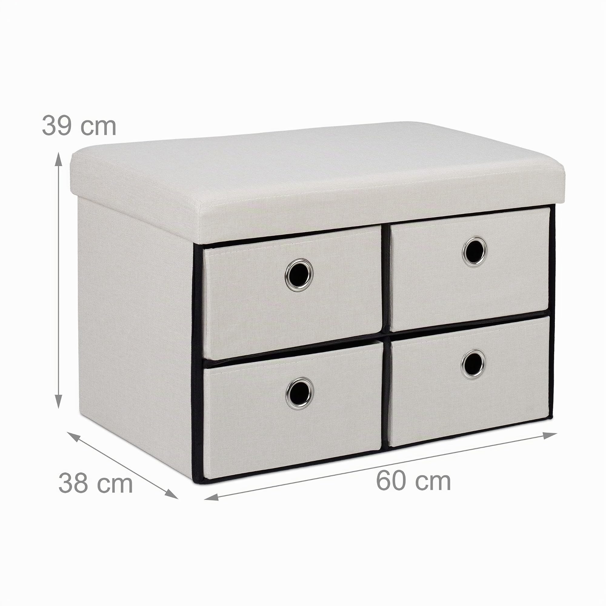 Relaxdays Panca Contenitore con 4 Cassetti, Pieghevole, Ingresso o Camera Letto, HLP: 39x60x38 cm, Porta Giochi, Beige