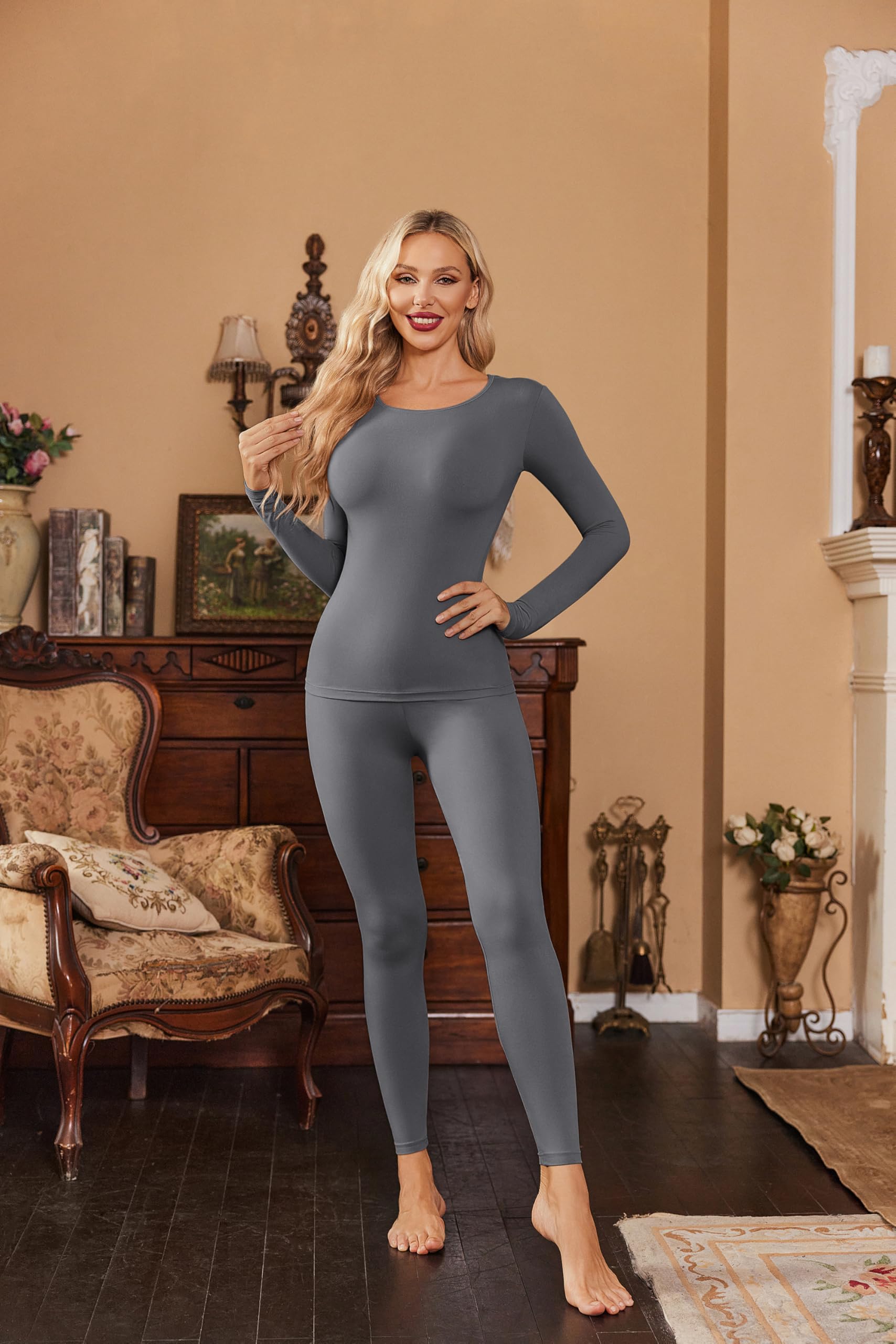 EKOUAER Ropa Termica Mujer, Conjunto Ropa Interior Térmica Invierno Frio Manga Larga Camiseta Termica y Pantalon Interior para Esquí,Moto，S-XXL