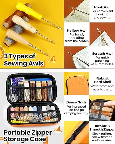 Miniatura 5 de Kit de reparación de tapicería de cuero PLANTIONAL - Kit de costura de 60 piezas con hilo encerado y de tapicería, aguja de ojo grande, 3 puntas de