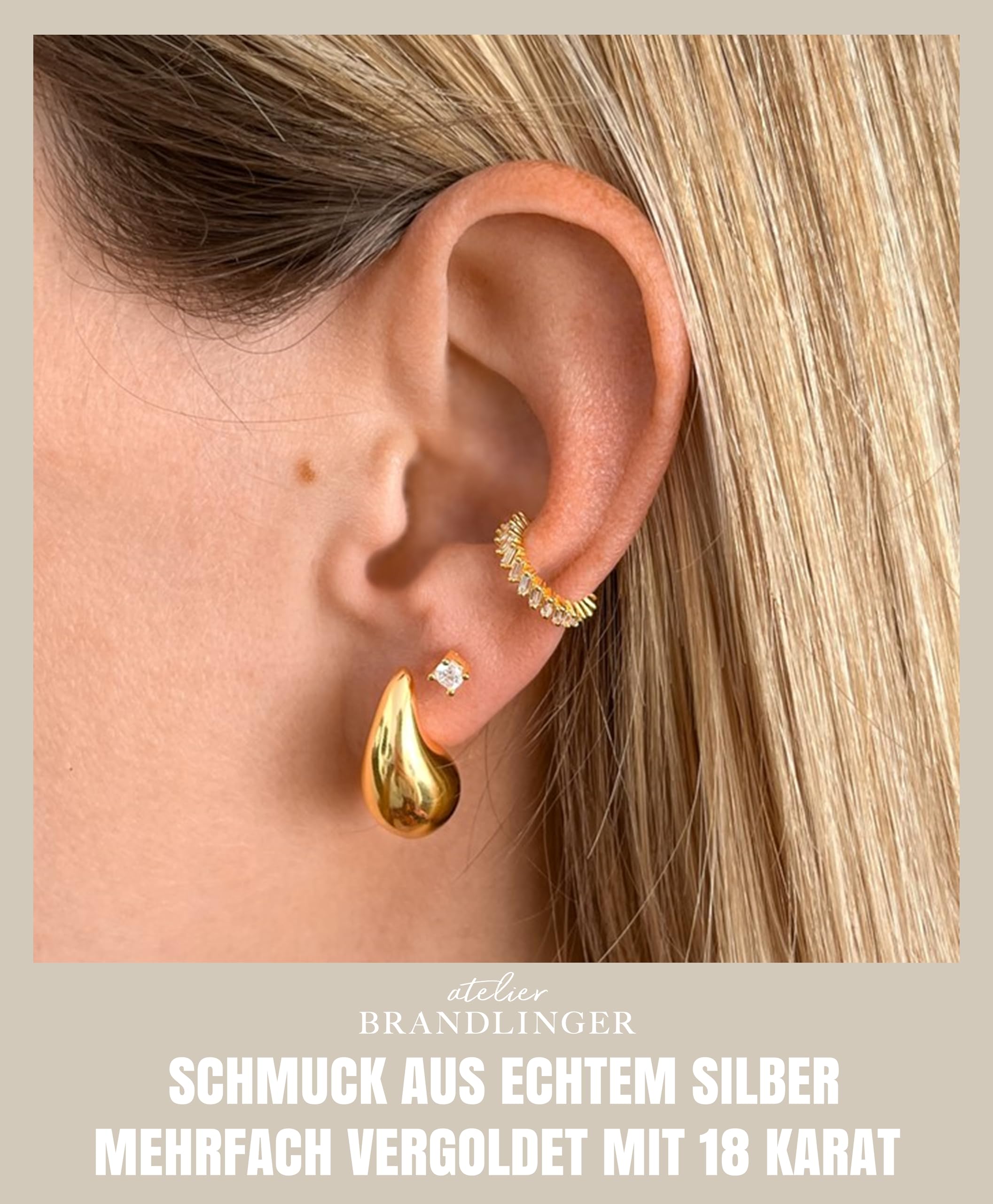 Brandlinger ® Ear Cuff Silber 925 (1 Stück). Ohrklemme mit Stein Zirkonia weiß. Schmuck Damen vergoldet mit 18 Karat (Silber und Gold) für Frauen und Mädchen. Äußerer Durchmesser 13mm