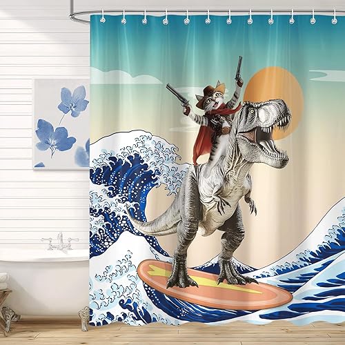 Miniatura 3 de Divertida cortina de ducha con diseño de gato, genial anime de dinosaurio, surf en olas del océano, decoración de baño para niños, juego de cortina