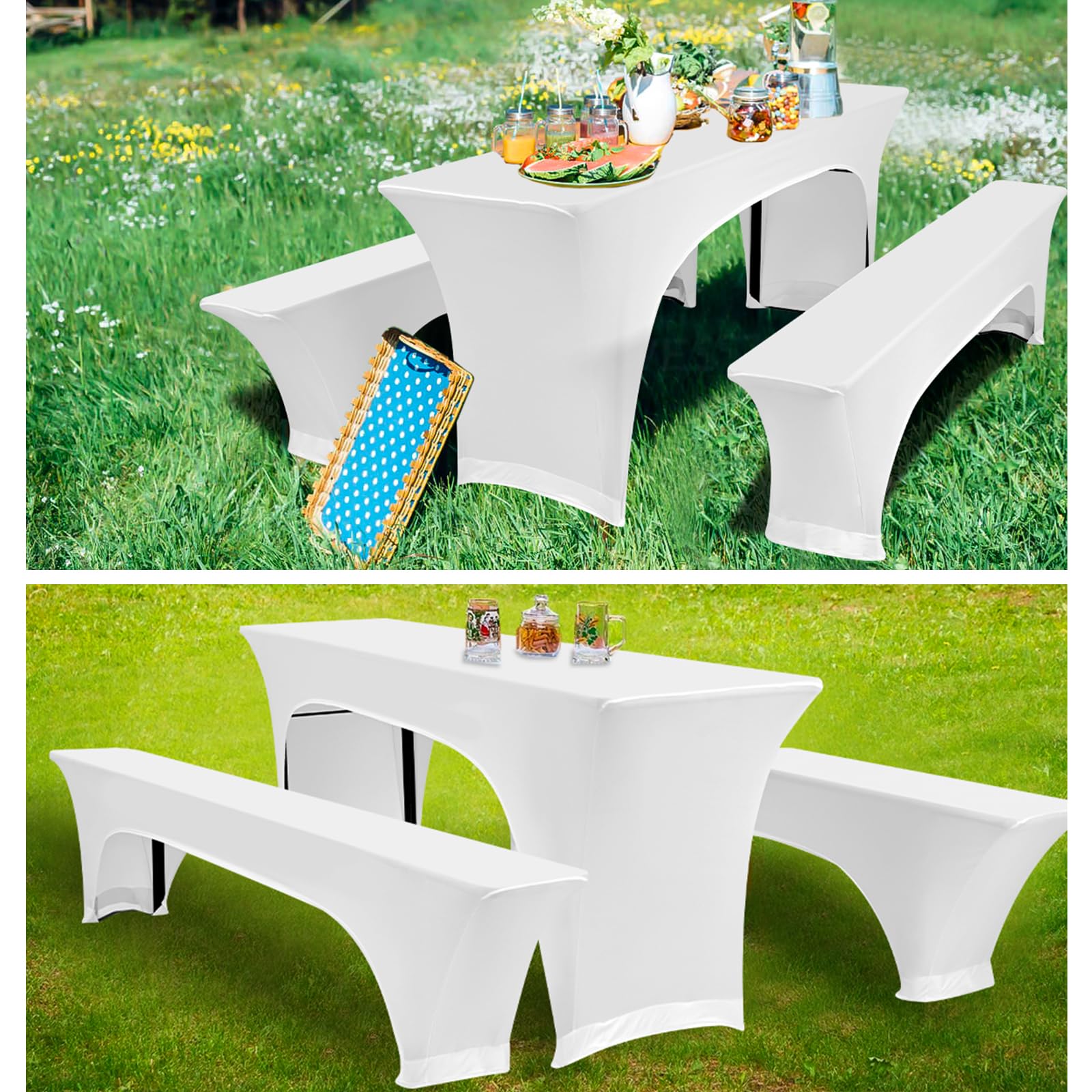 Showgeous 3 Stück weiße Biertischhussen Stretch-Biertisch- und Hockerhussen-Set für 50 cm Tischbreite Bierzelt-Set 220 x 50 x 80 cm für Bankett-Gartenmöbel im Freien