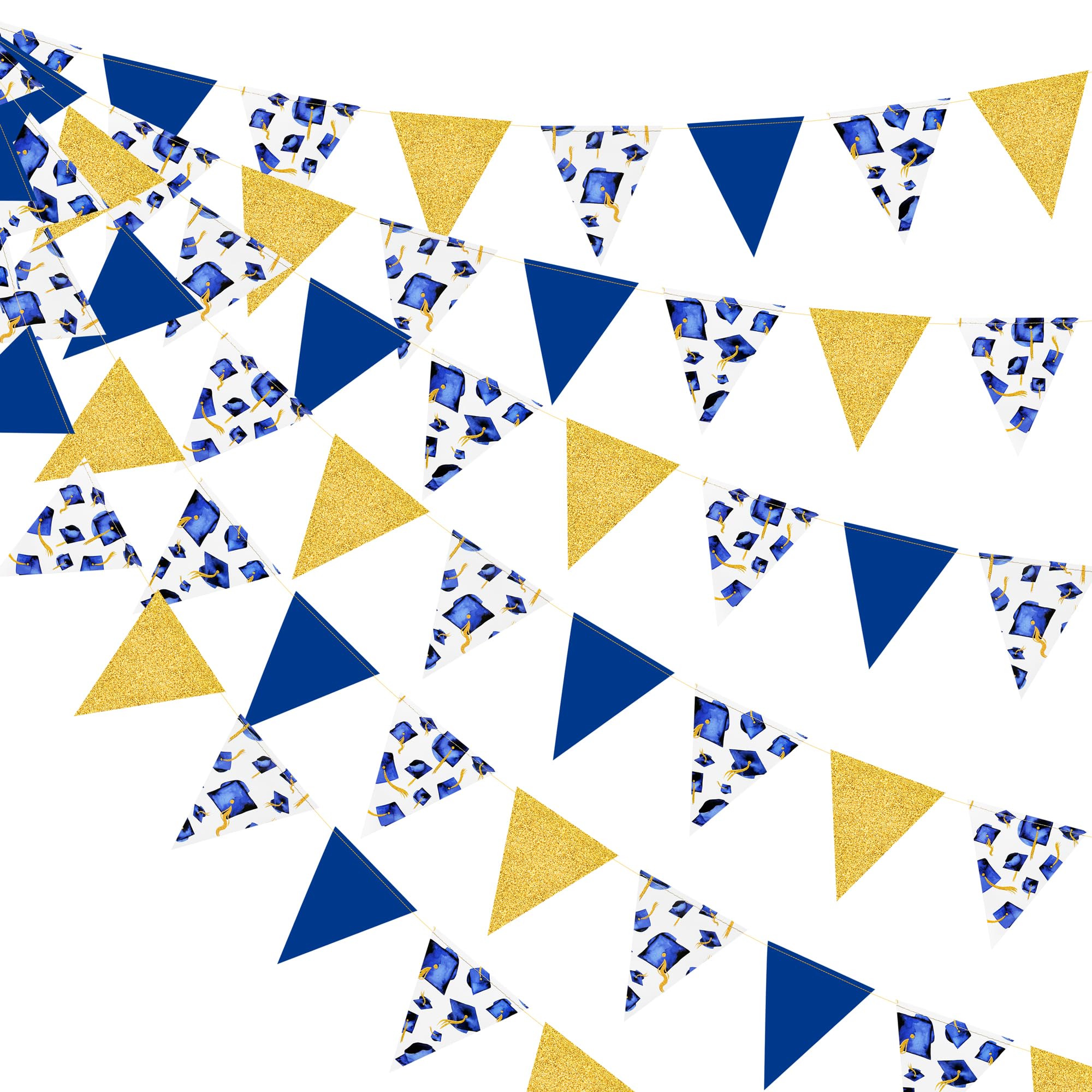 Navy Gold Graduation Decorations 2025 Blue Gold Grad Hat Cap Banner Triangle Pennant Bunting Streamer Garland Backdrop for Grad Party Supplies Class