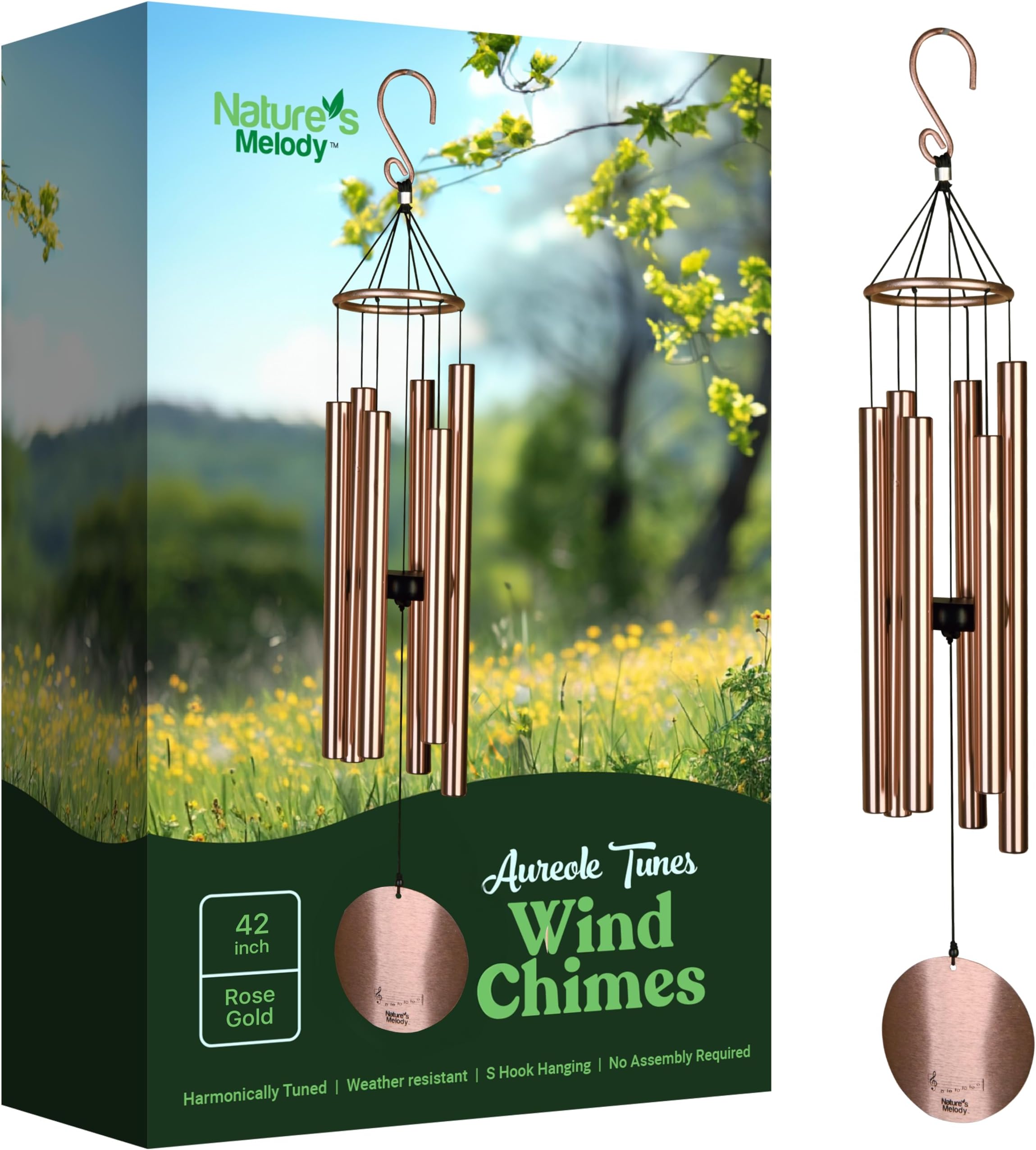 Aureole Tunes Wind Chimes – Outdoor Windchime with 6 Tubes Tuned to C Pentatonic Scale, 100% Rustproof Aluminum, Powder Finish & S Hook Hanger for Sympathy, Memorial Gift or Zen Garden