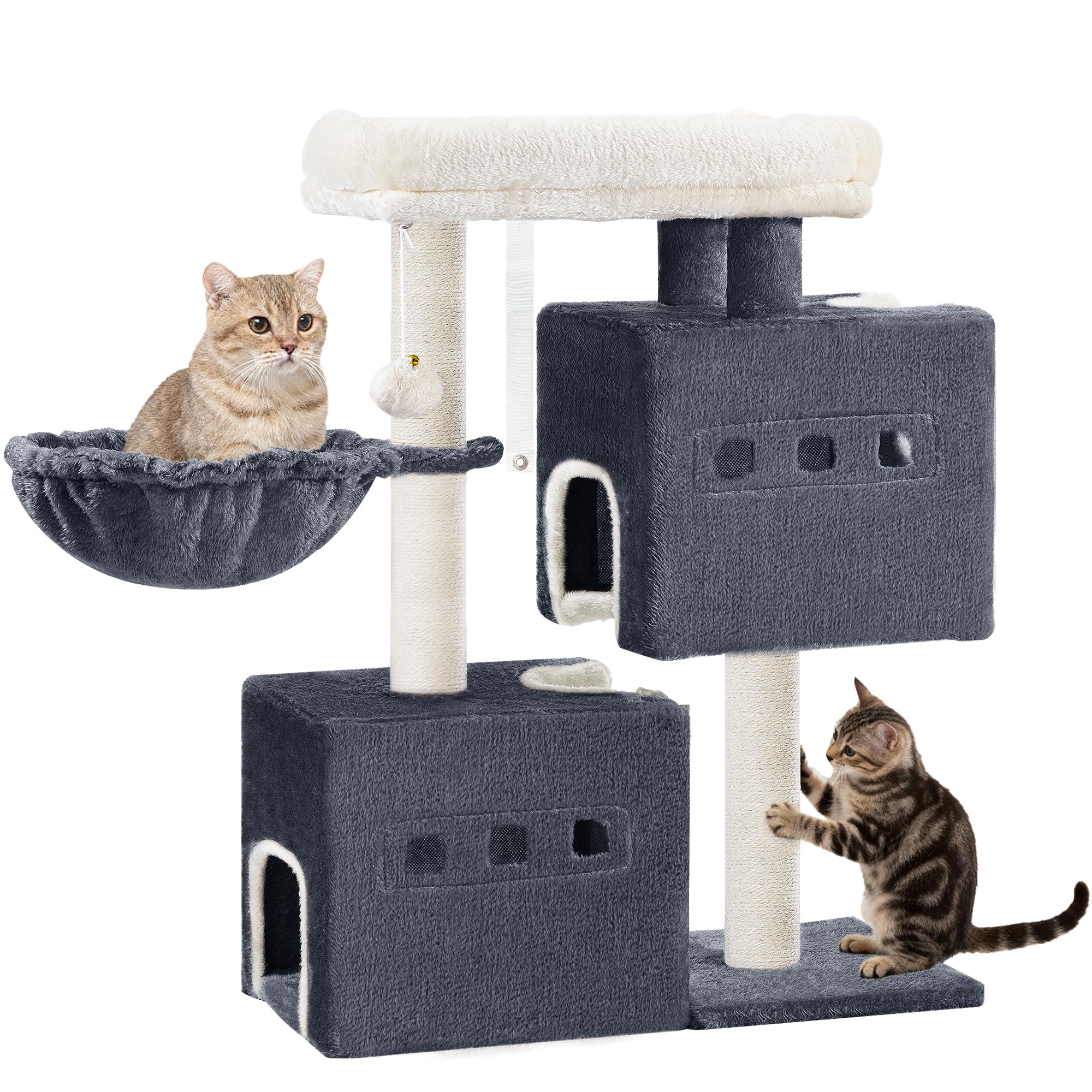 Hzuaneri 75 cm Árbol para Gatos, Árbol para Gatos, Poste rascador pequeño de Varios Niveles, con 4 Postes Rascadores, 2 Cuevas, Grandes Plataformas, Hamaca, Pompones, Gris Oscuro MS07618SG