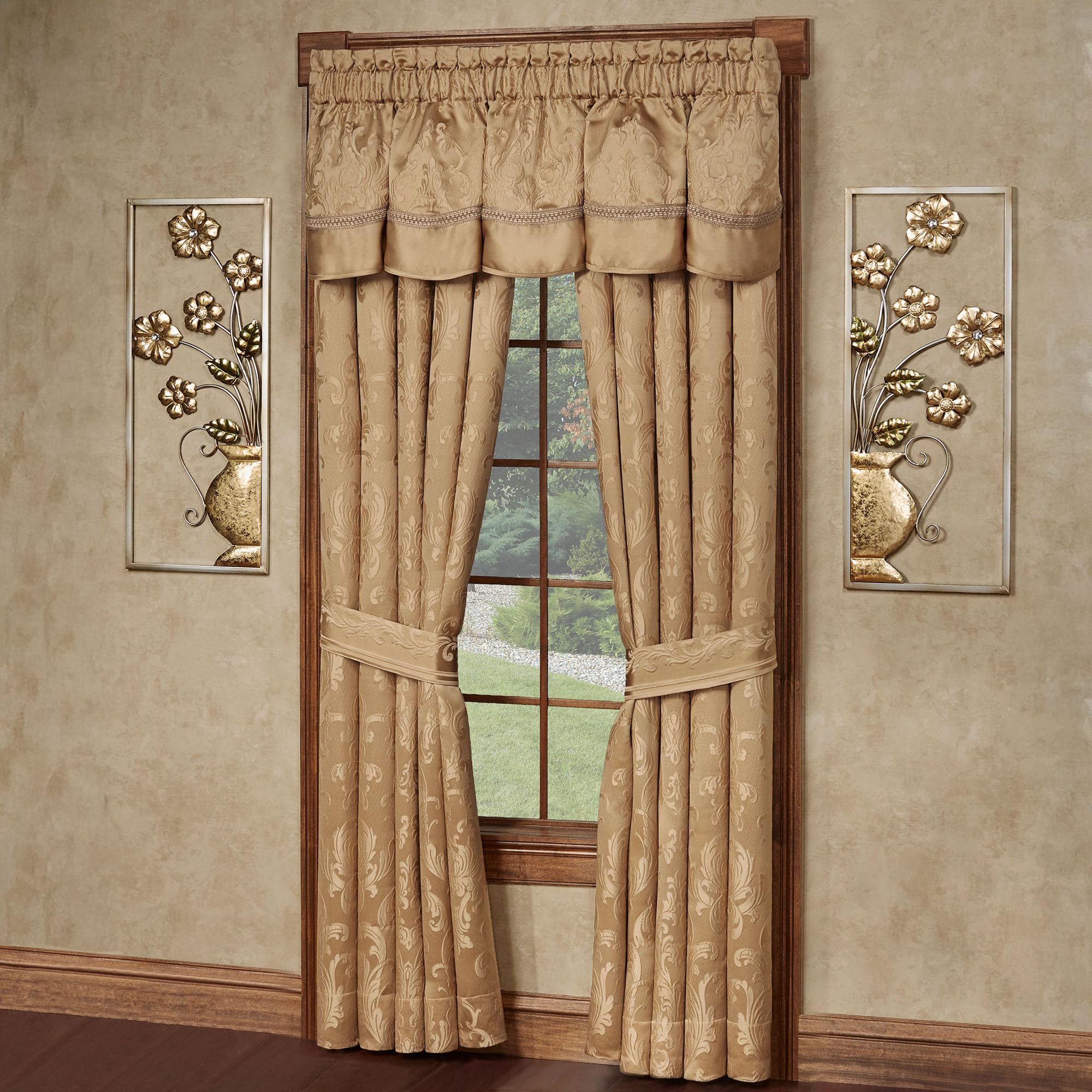 Monaco Classic Luxury Window Treatments | Royal Monochromatic Metallic Gold Hues | Puff Jacquard-Woven Acanthus Damask Designs | Lined, Wide Drapery Set Includes Scalloped Valance & 84L Curtain Pair