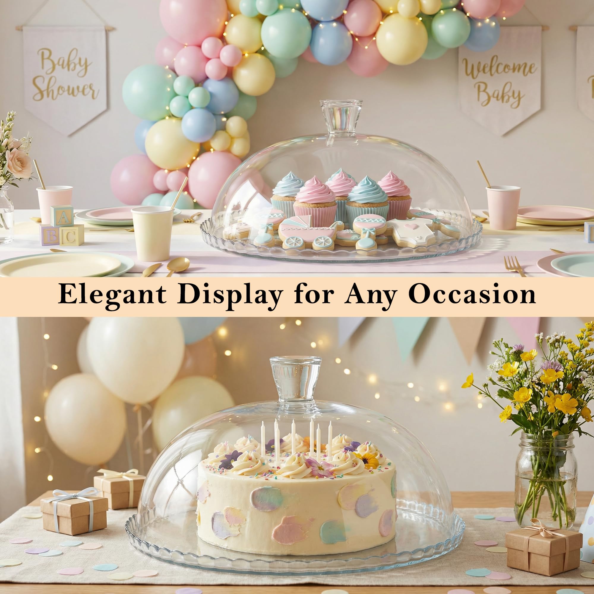 Présentoir à Gâteau en Verre avec Cloche, Transparent, 32,2 cm, Support à Dessert pour Gâteaux, Cupcakes, Fruits et Pâtisseries