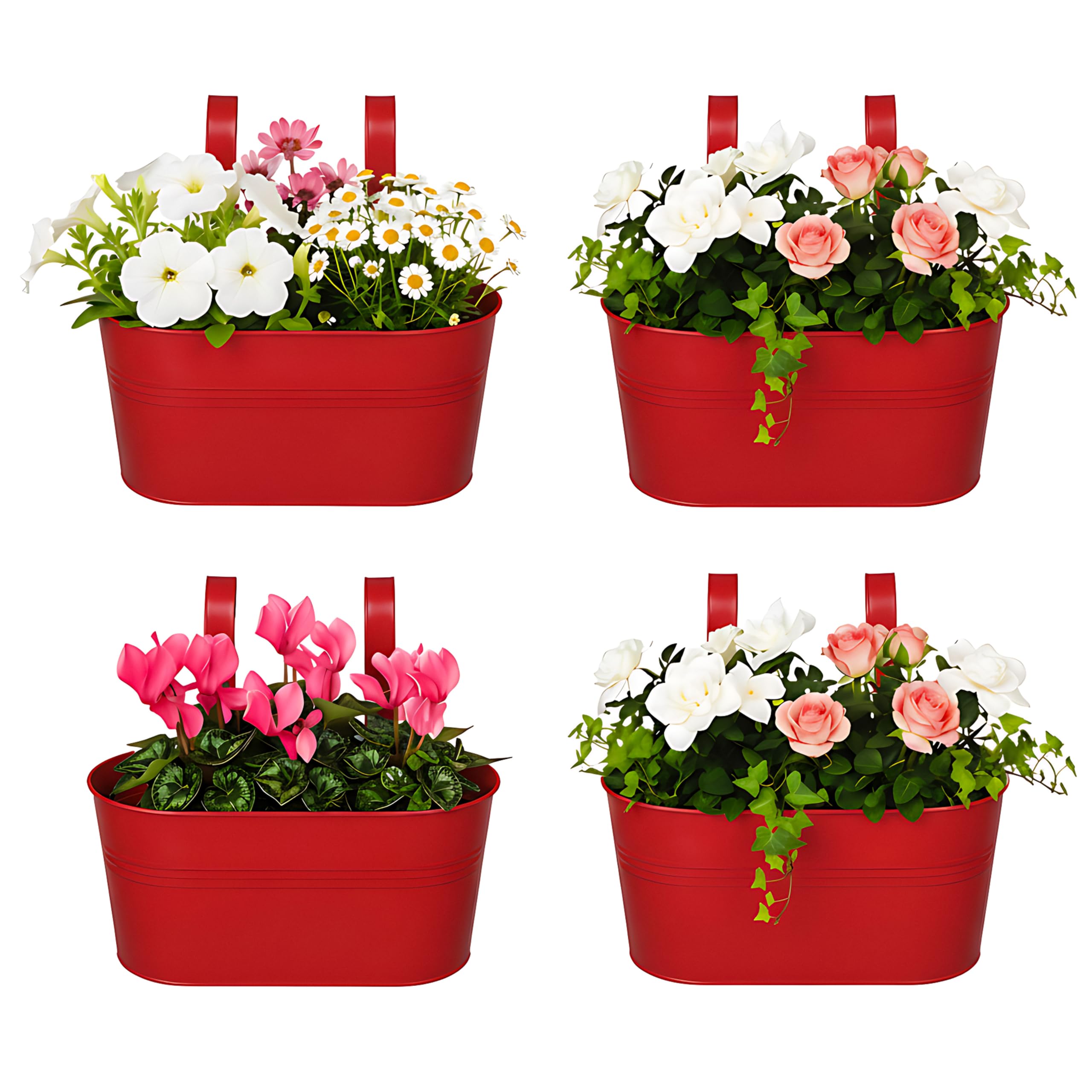 DIVCHI 4PCS Heavy Duty Metal Hanging Plant Pots 30cm Fence Railing Planters with Detachable Hooks Balcony & Garden Flowerpots with Drainage Hole Outdoor & Indoor Décor Planters (Red)