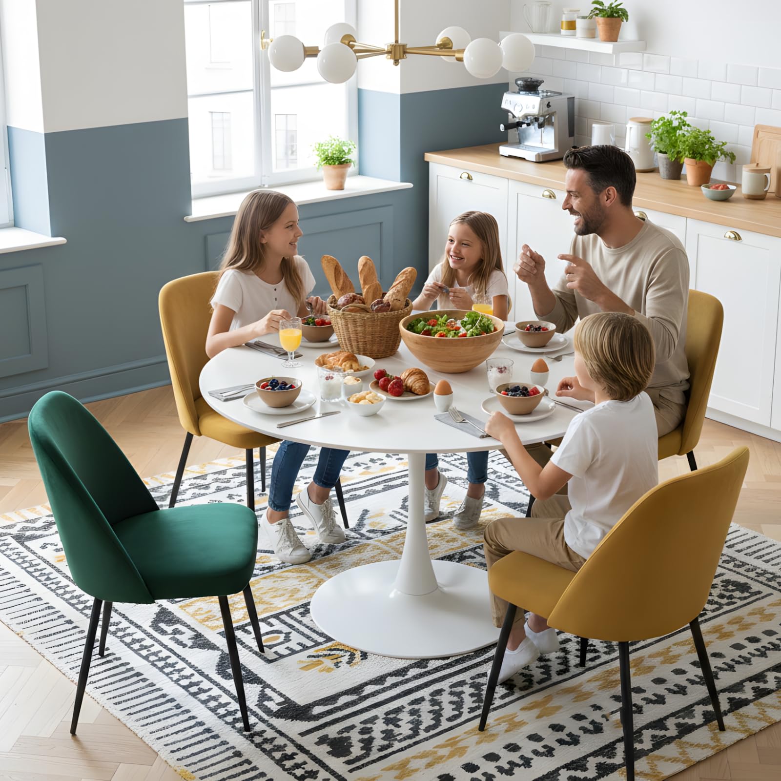 Table à Manger Ronde Blanche 110 cm, Table de Cuisine Ronde pour 4 à 6 Personnes, Style Scandinave, Pied Central Métal Stable, pour Cuisine, Salle à Manger, Salon, Bureau, Blanc
