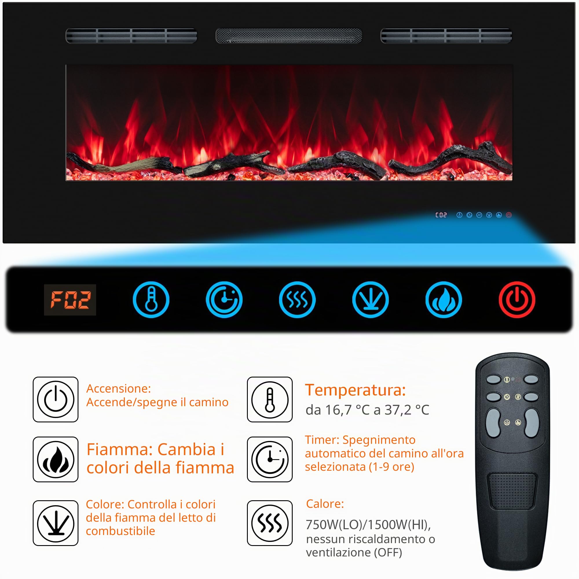 Inserti per camino elettrico da 152 cm, riscaldatore da incasso e a parete, camino/termostato lineare, telecomando e touch screen, fiamma multicolore, timer, ceppo e cristallo, 750W/1500W